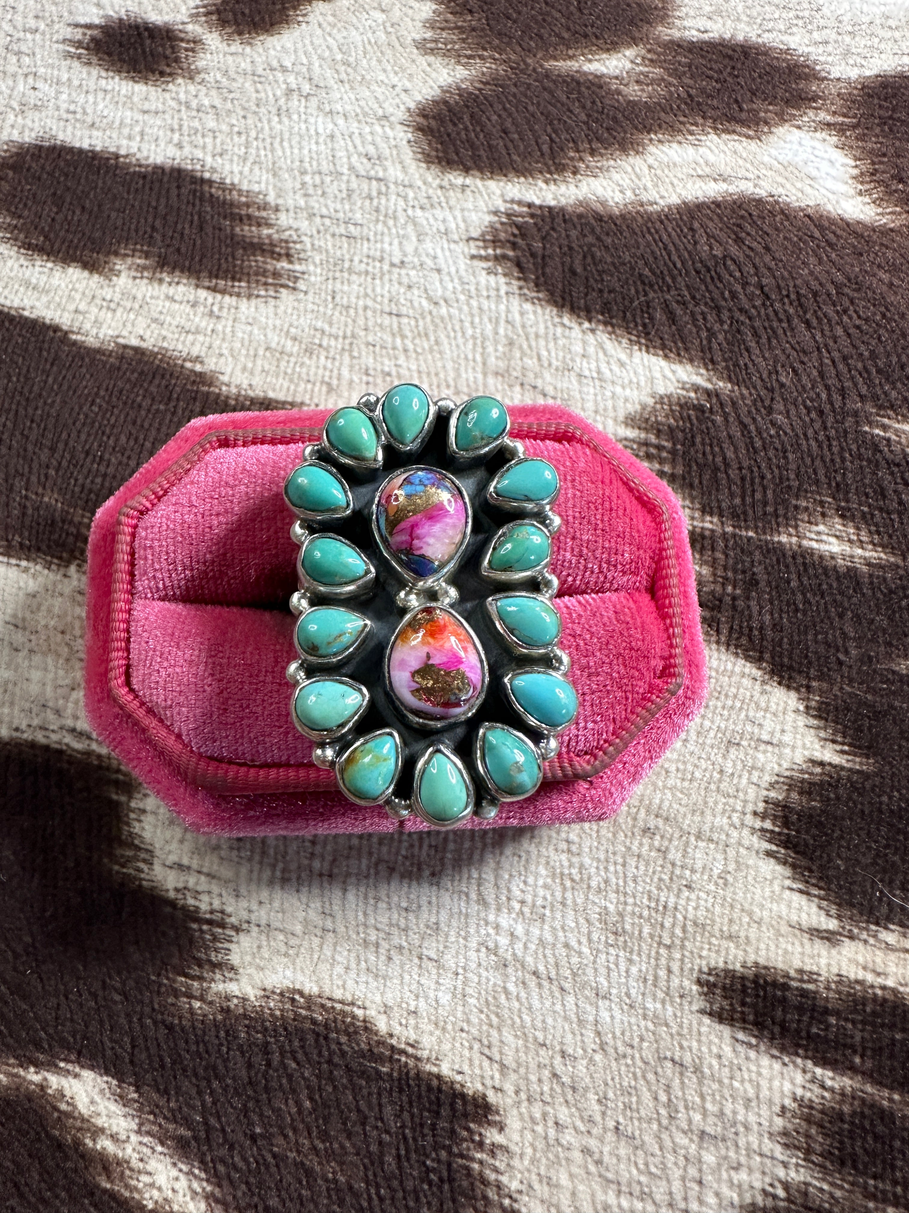 Beautiful Handmade Turquoise, Pink Dream Mojave And Sterling Silver Adjustable Ring