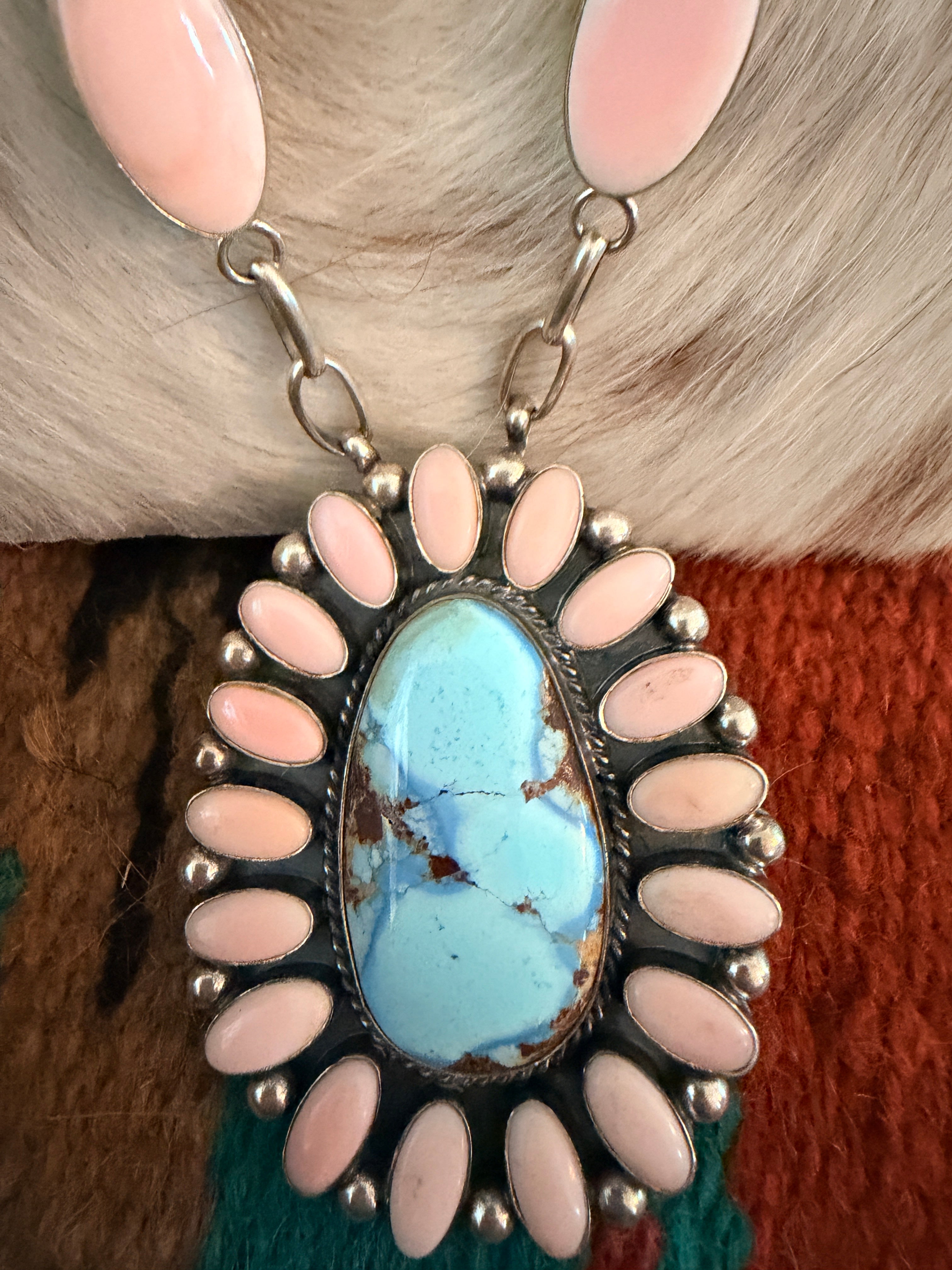Handcrafted Queen Pink Conch, Turquoise & Sterling Silver Cluster Necklace Set