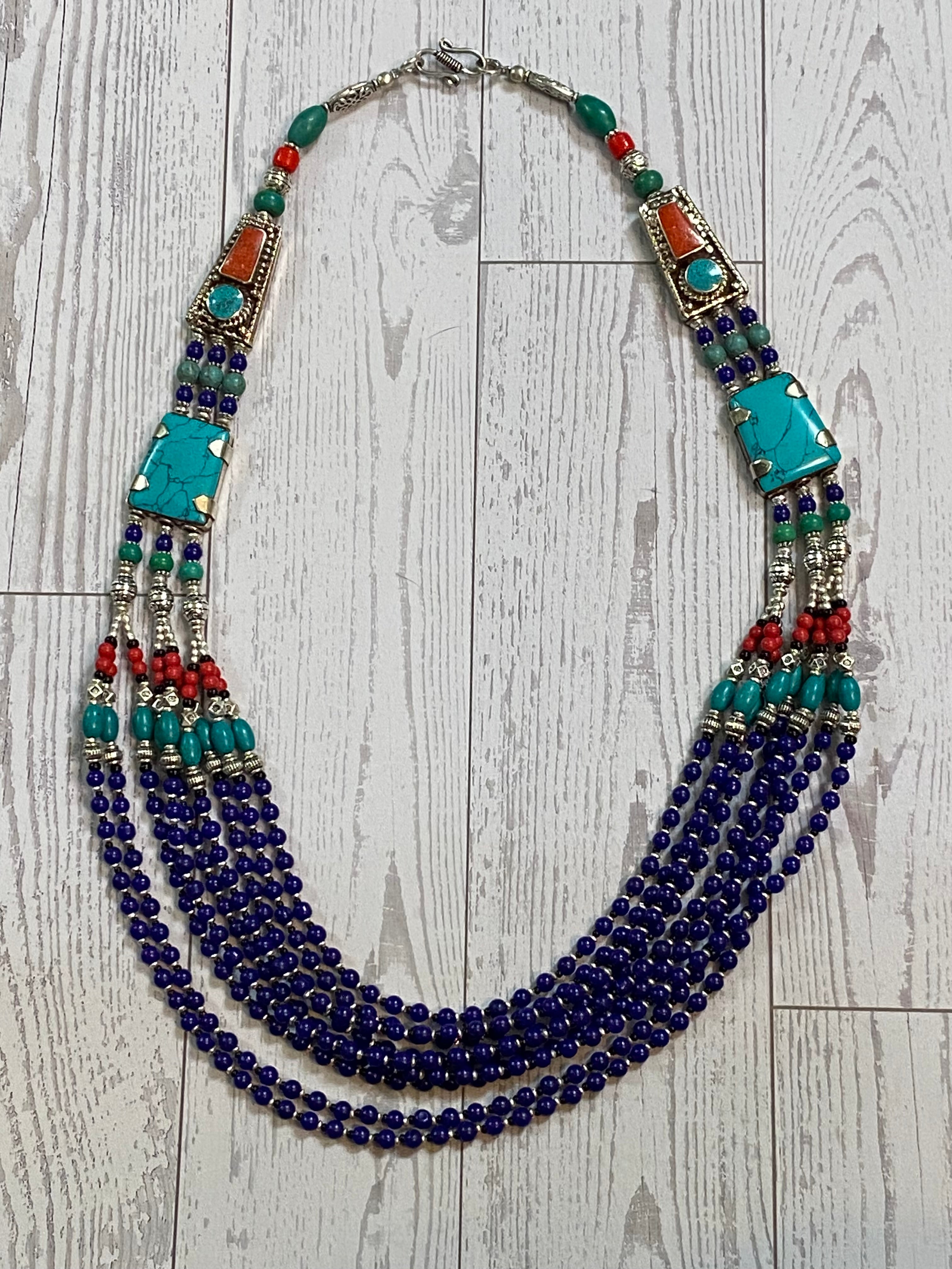 Silver Plated Tibetan Style Nine Strand Turquoise, Red Coral, & Blue Lapis Beaded Necklace