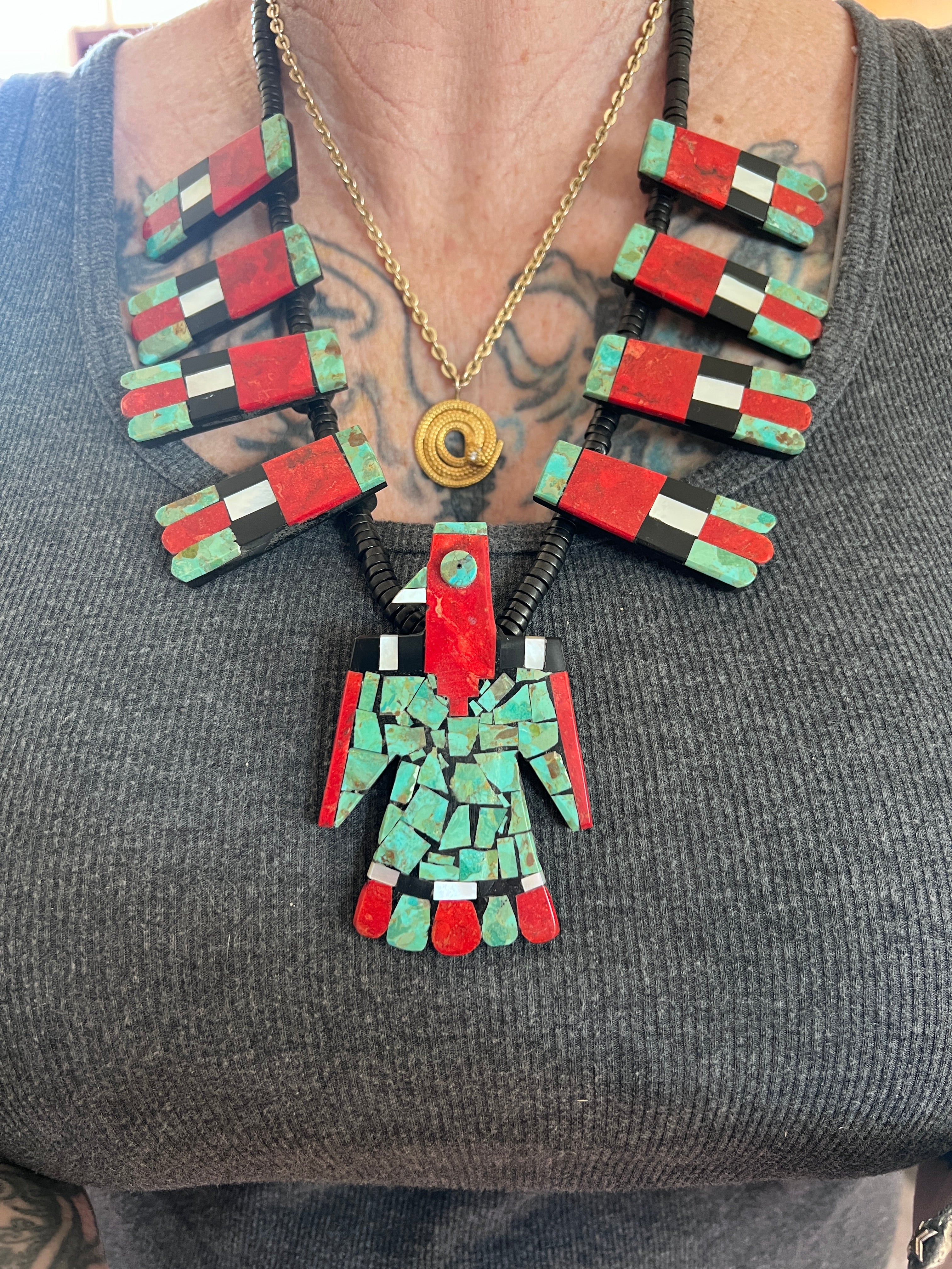 Handcrafted Inlay Turquoise and Apple Coral Thunderbird Tab Necklace & Earrings Set by Warren Nieto