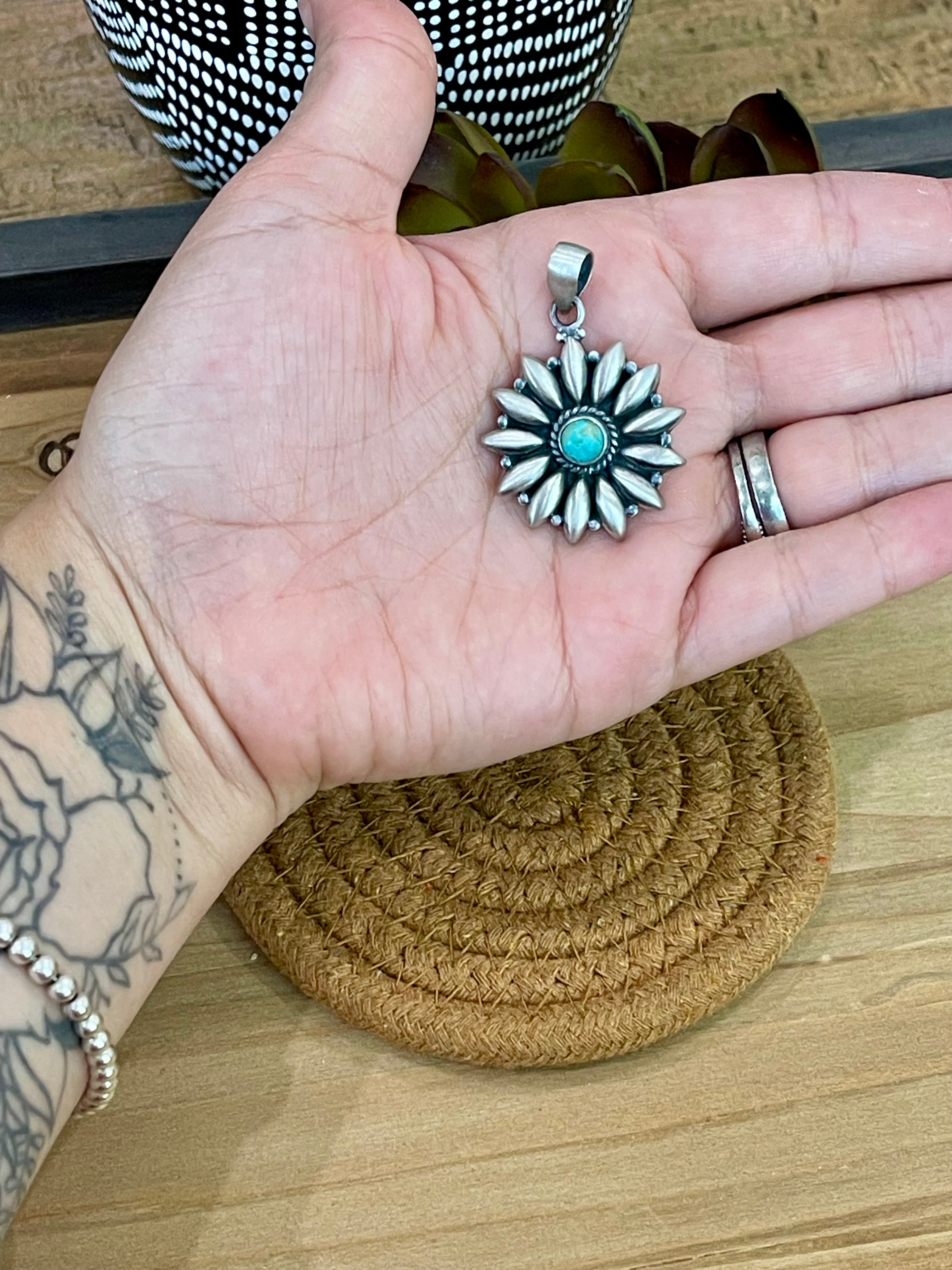 Handmade Sterling Silver Kingman Turquoise Pendant with Signed Nizhoni