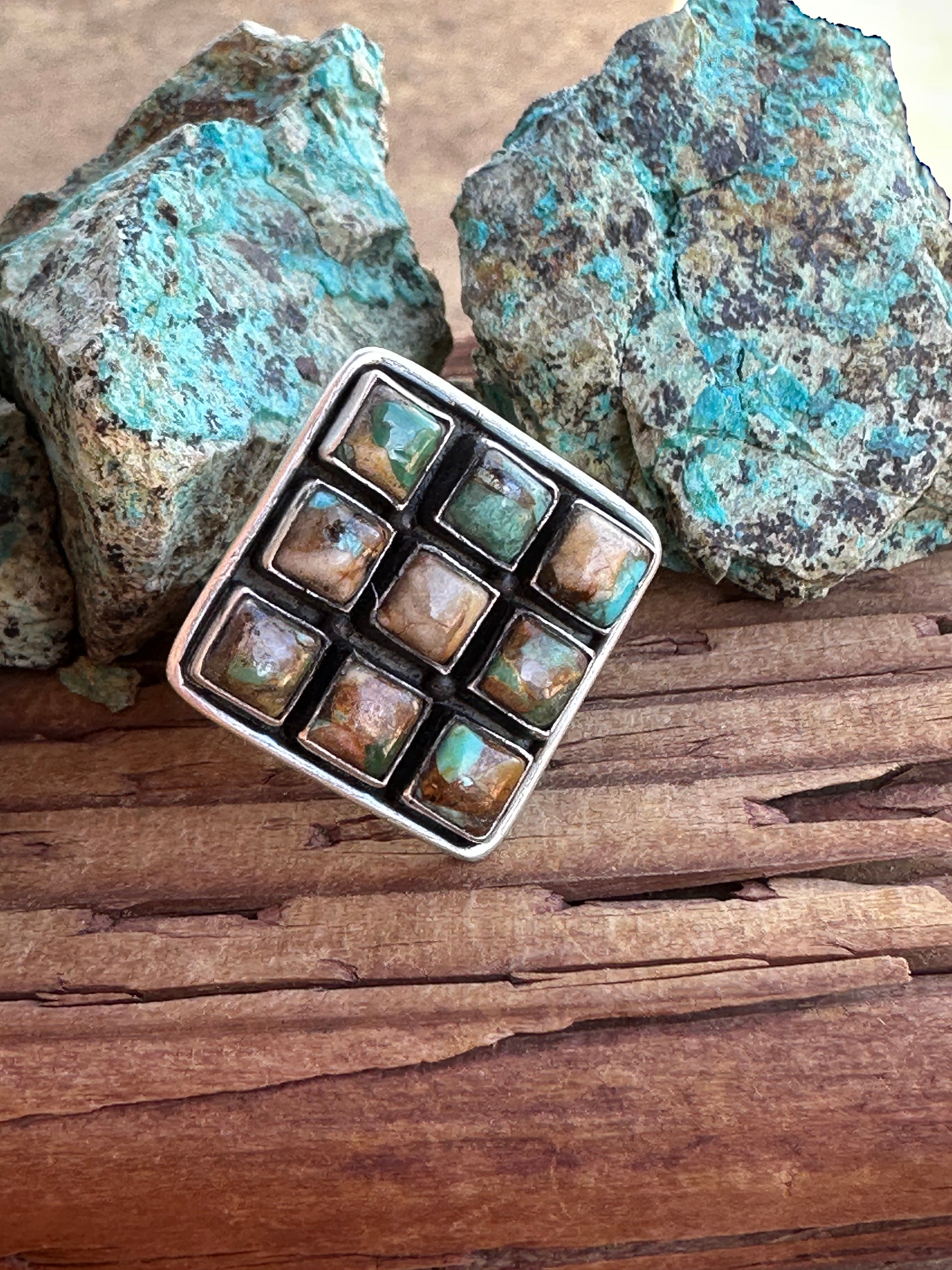 Beautiful Handmade Sterling Silver And Royston Turquoise Square Adjustable Ring