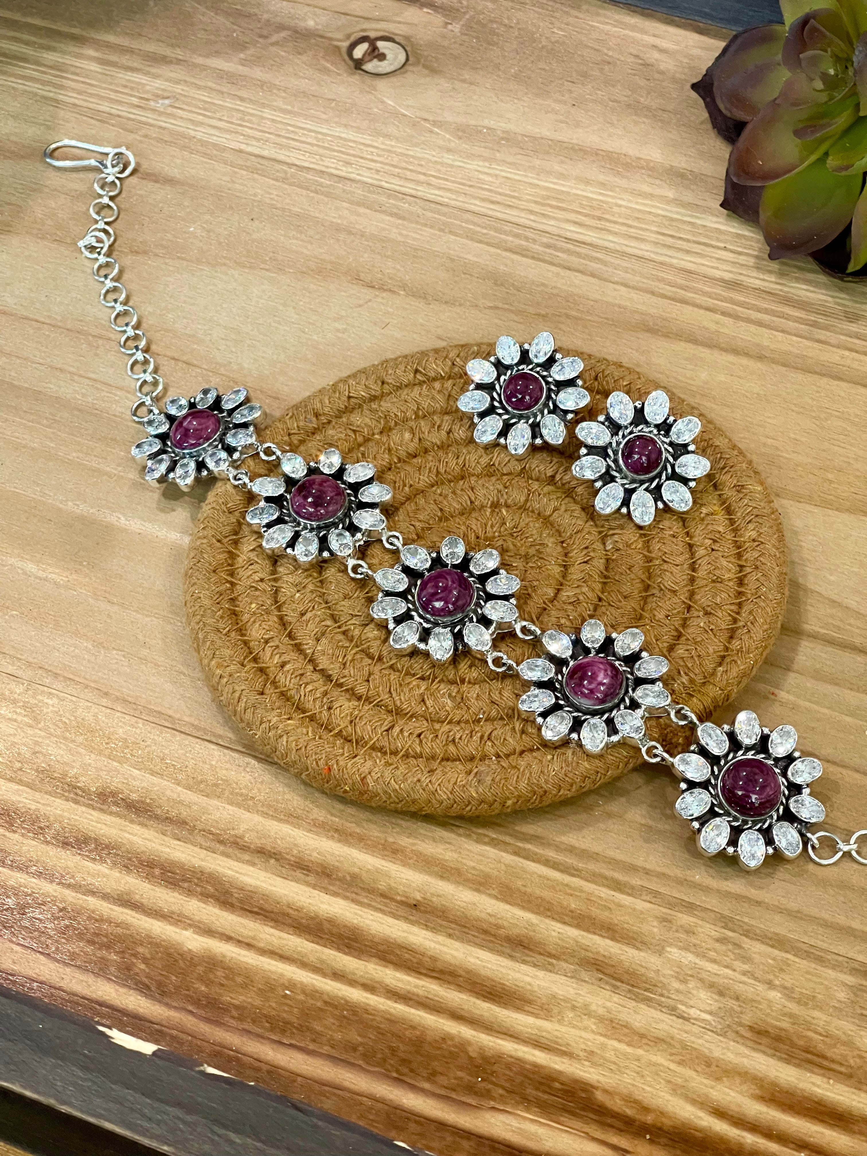 Handmade Sterling Silver, Purple Spiny & Cubic Zirconia Necklace And Earrings Set Signed Nizhoni