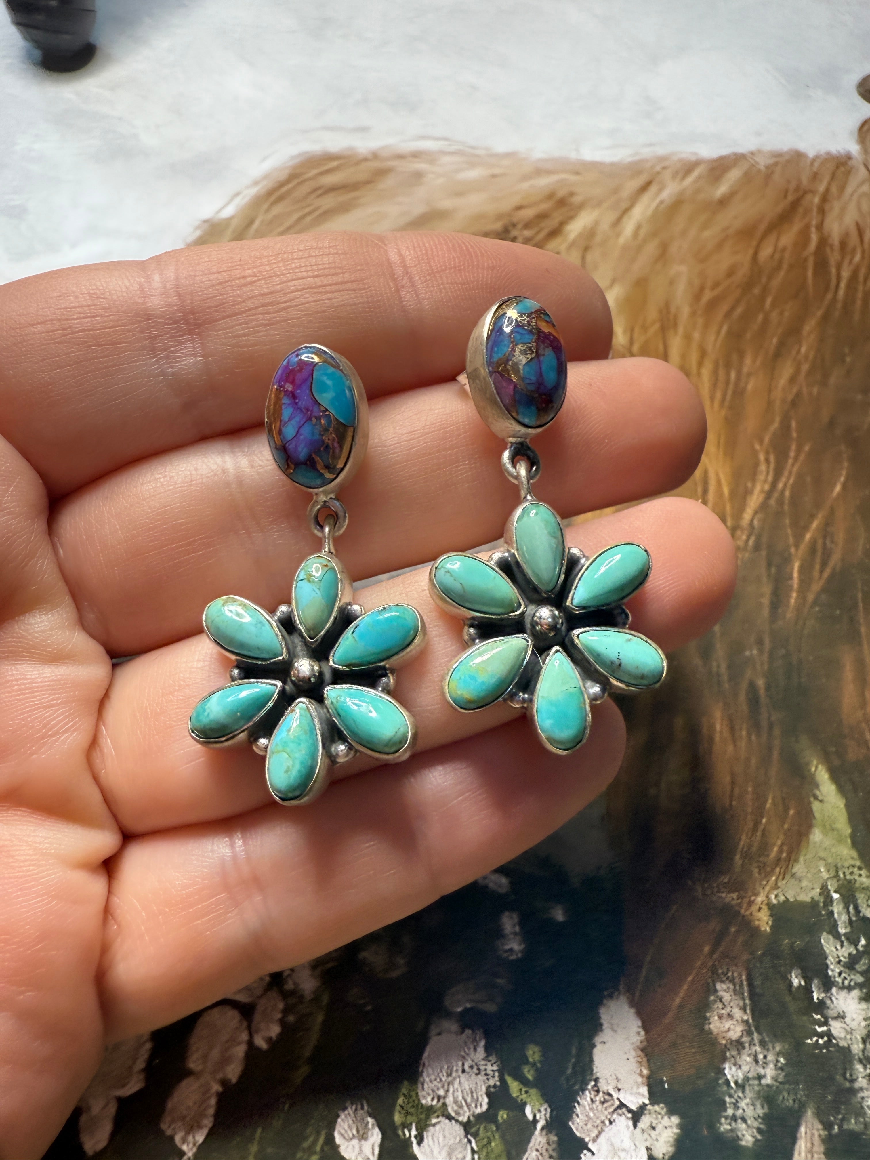 Handmade Sterling Silver, Turquoise ,Purple Dream Mojave Dangle Earrings