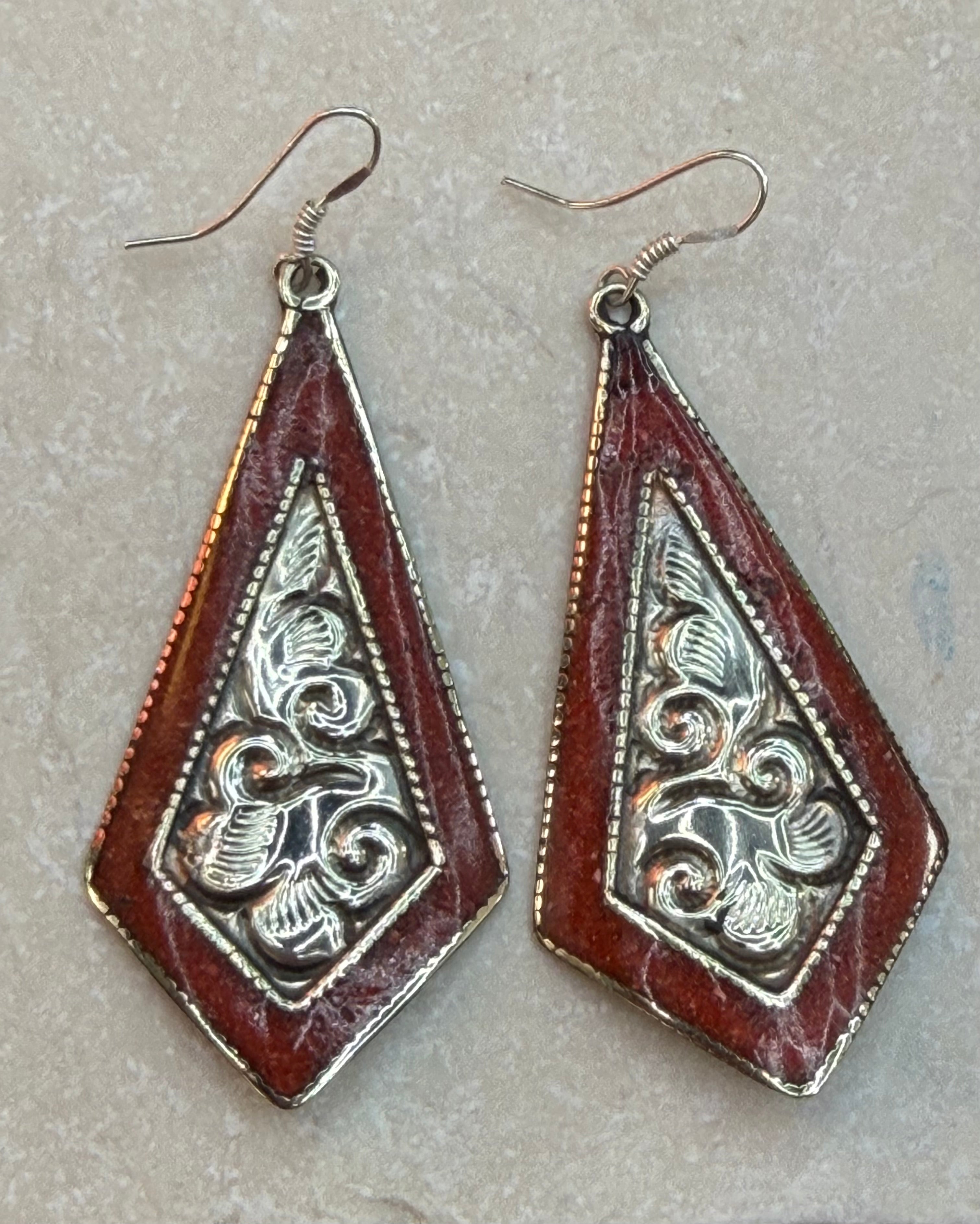 Rustic Western Silver Embossed Drop Earrings