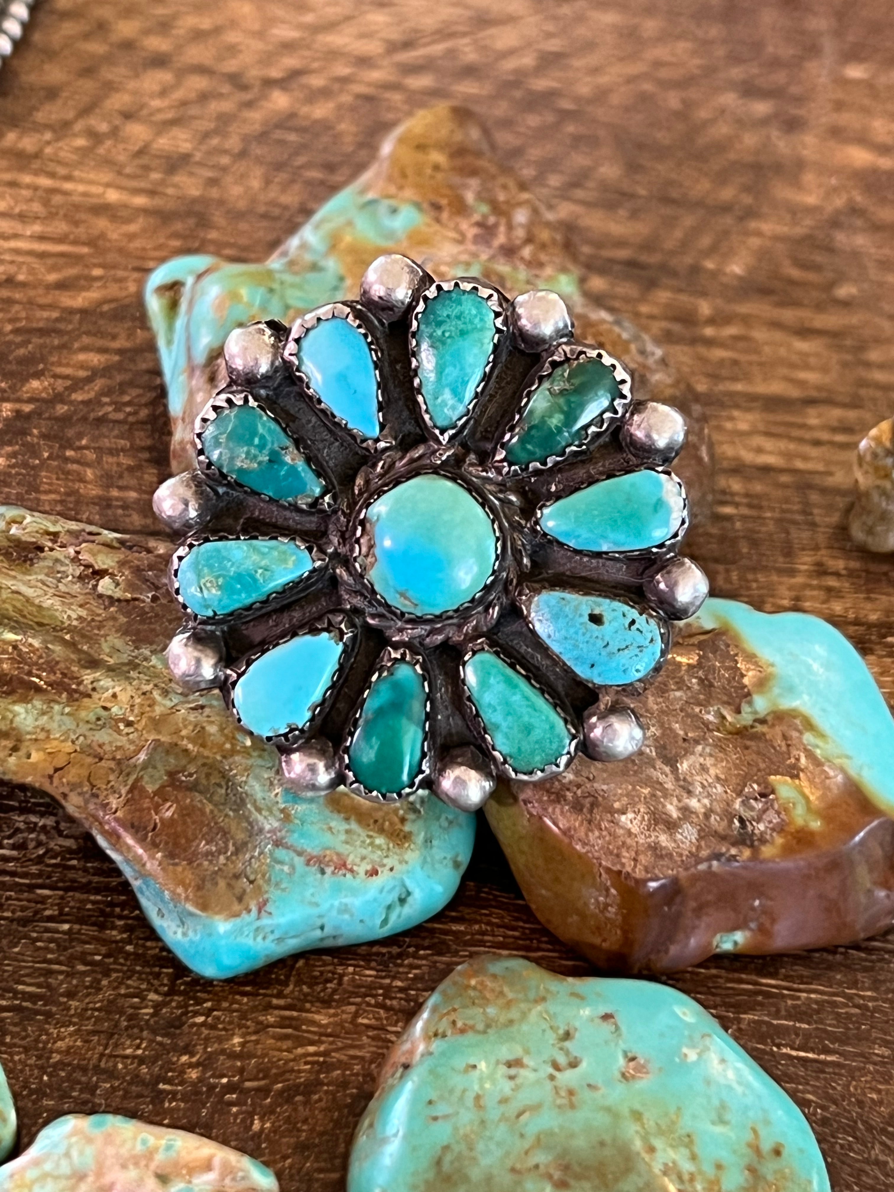 Old Pawn Unsigned Sterling Silver and Turquoise Cluster Ring, Size 8.5