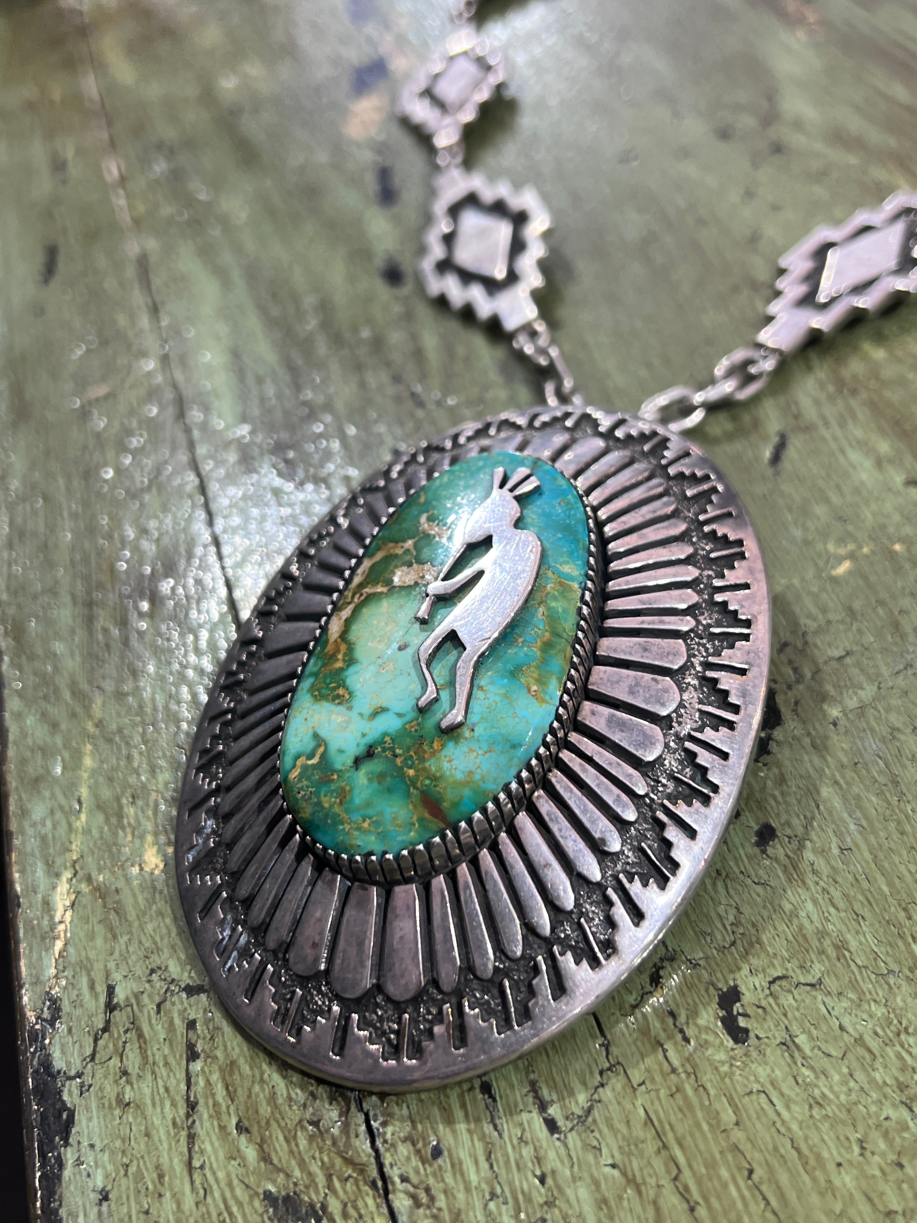 Vintage Handcrafted Sterling Silver and Royston Turquoise Kokopelli Necklace by Tommy Jackson