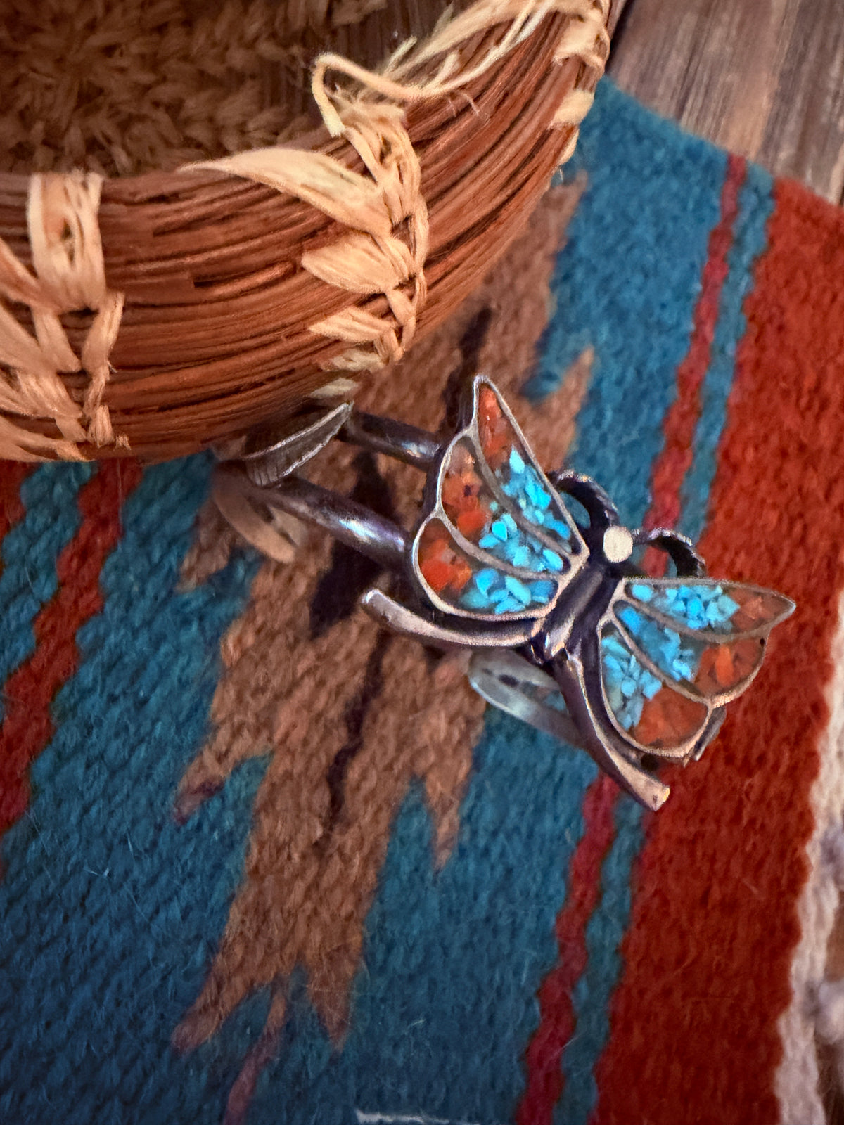 Handcrafted Old Pawn Sterling Silver, Turquoise & Coral Butterfly Cuff Bracelet