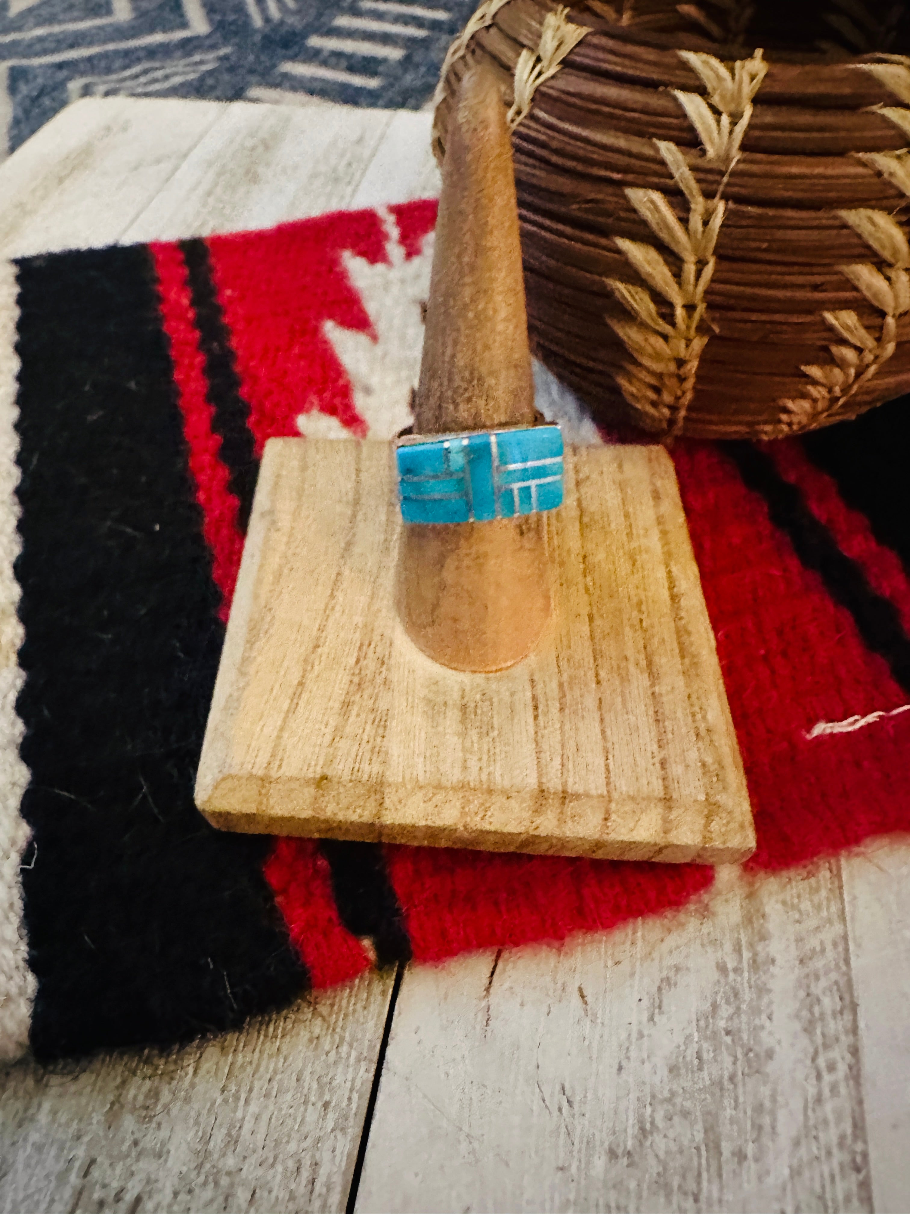 Navajo Turquoise & Sterling Silver Inlay Ring Size 7 by Julia Etsitty