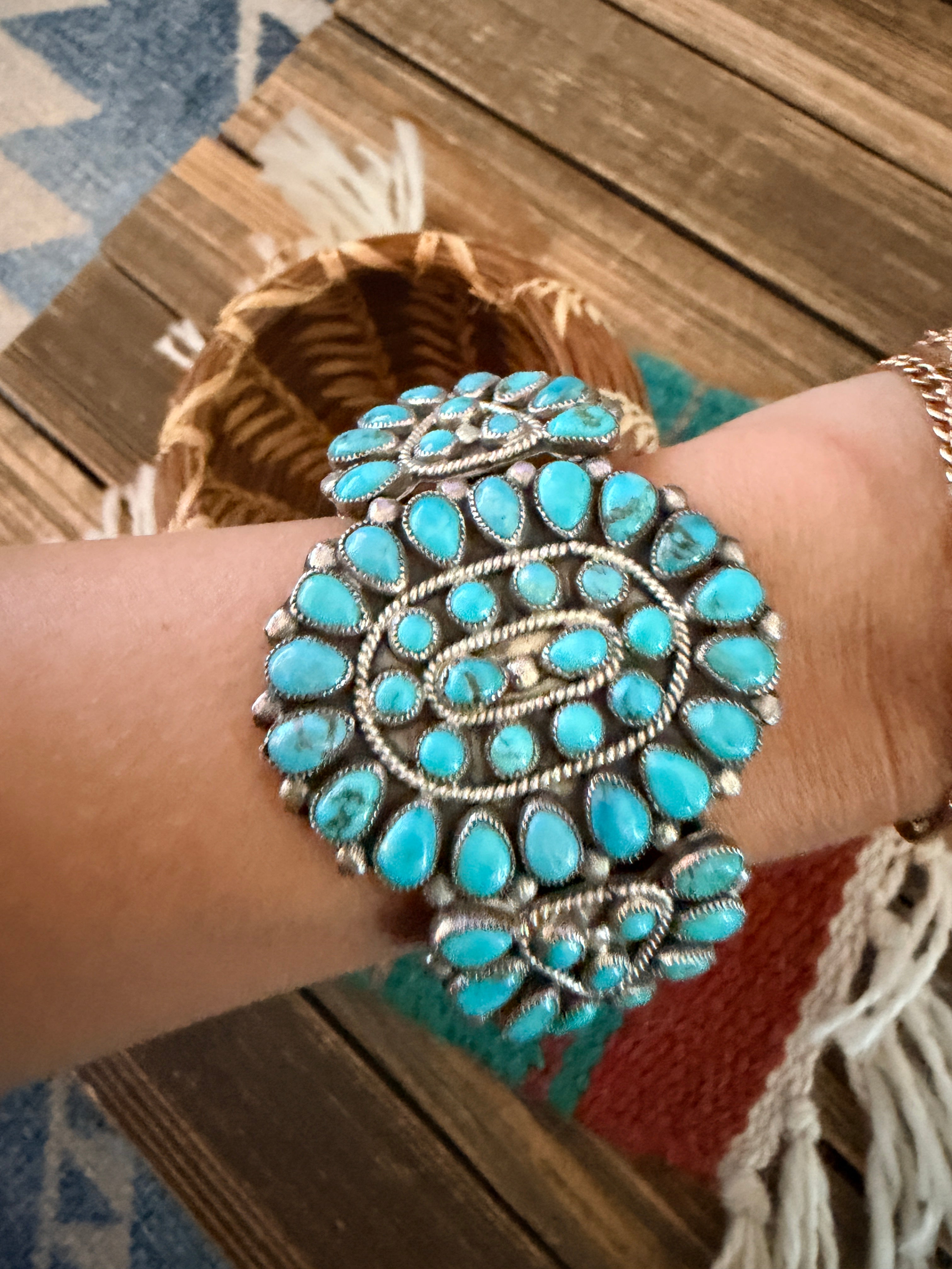 Handcrafted Old Pawn Sterling Silver & Turquoise Cluster Cuff Bracelet