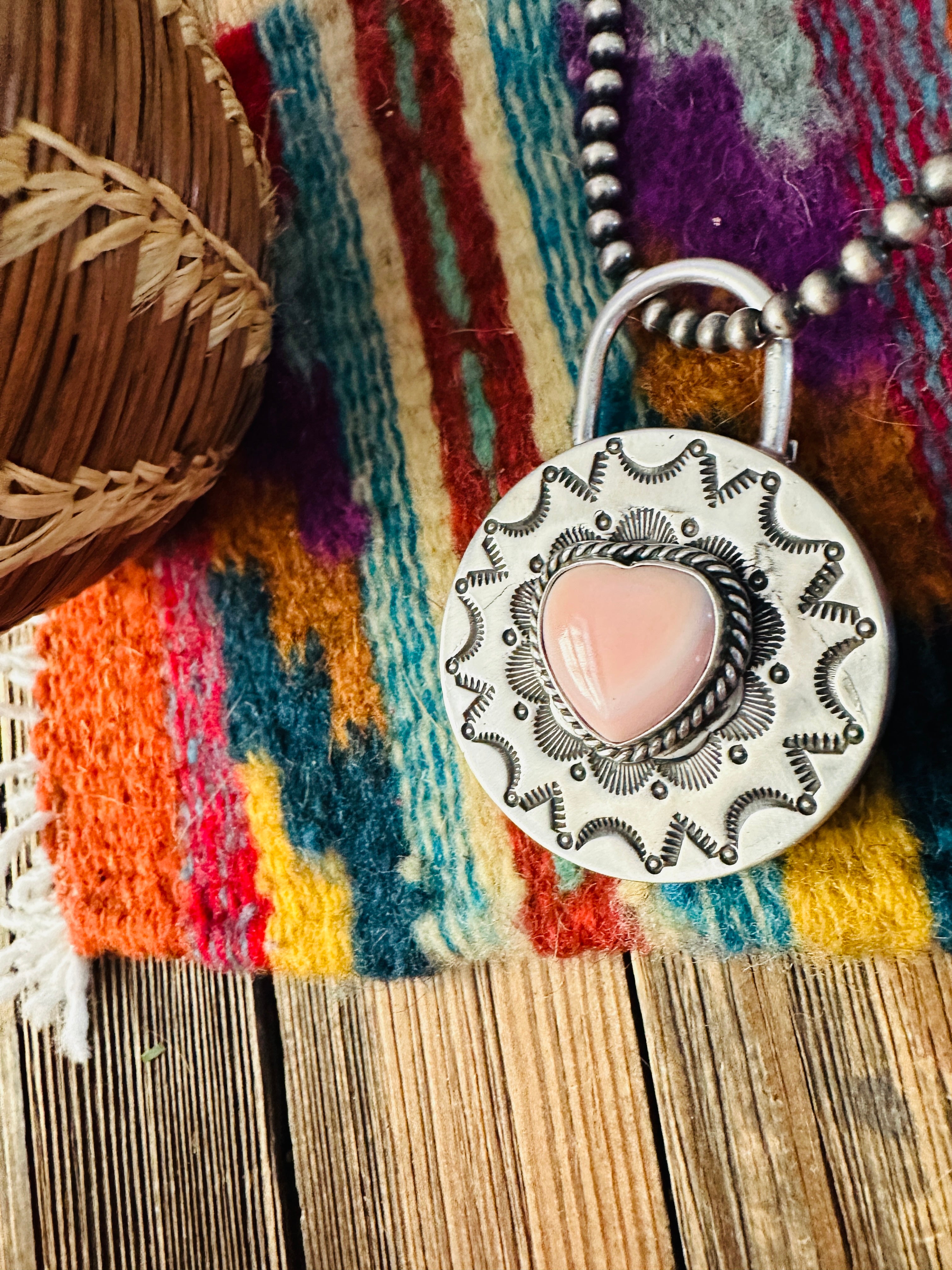 Handcrafted Queen Pink Conch & Sterling Silver Heart Locket Style Pendant by Charles Johnson