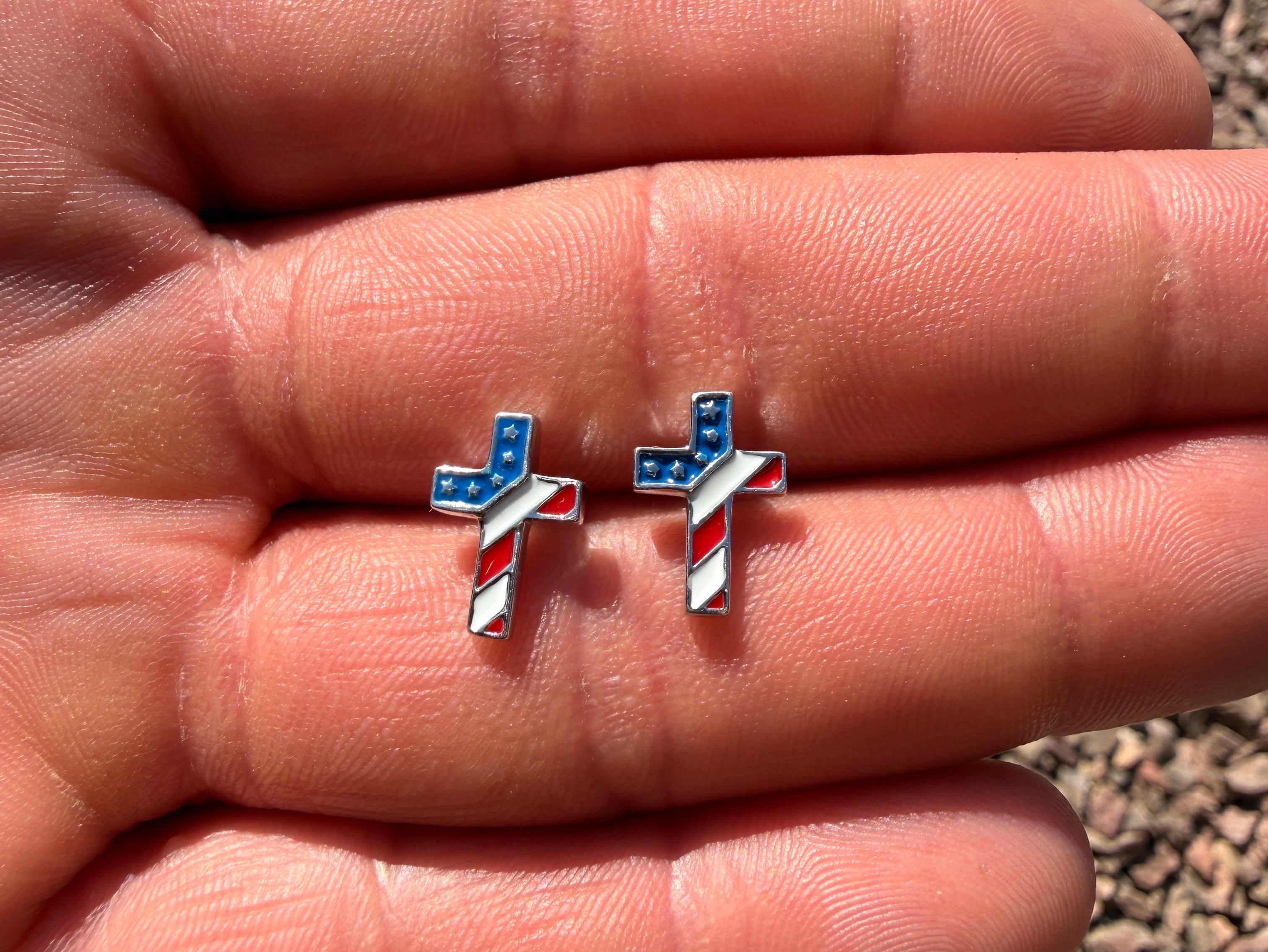 "Fourth Of July" American Flag Cross Sterling Silver Stud Earrings