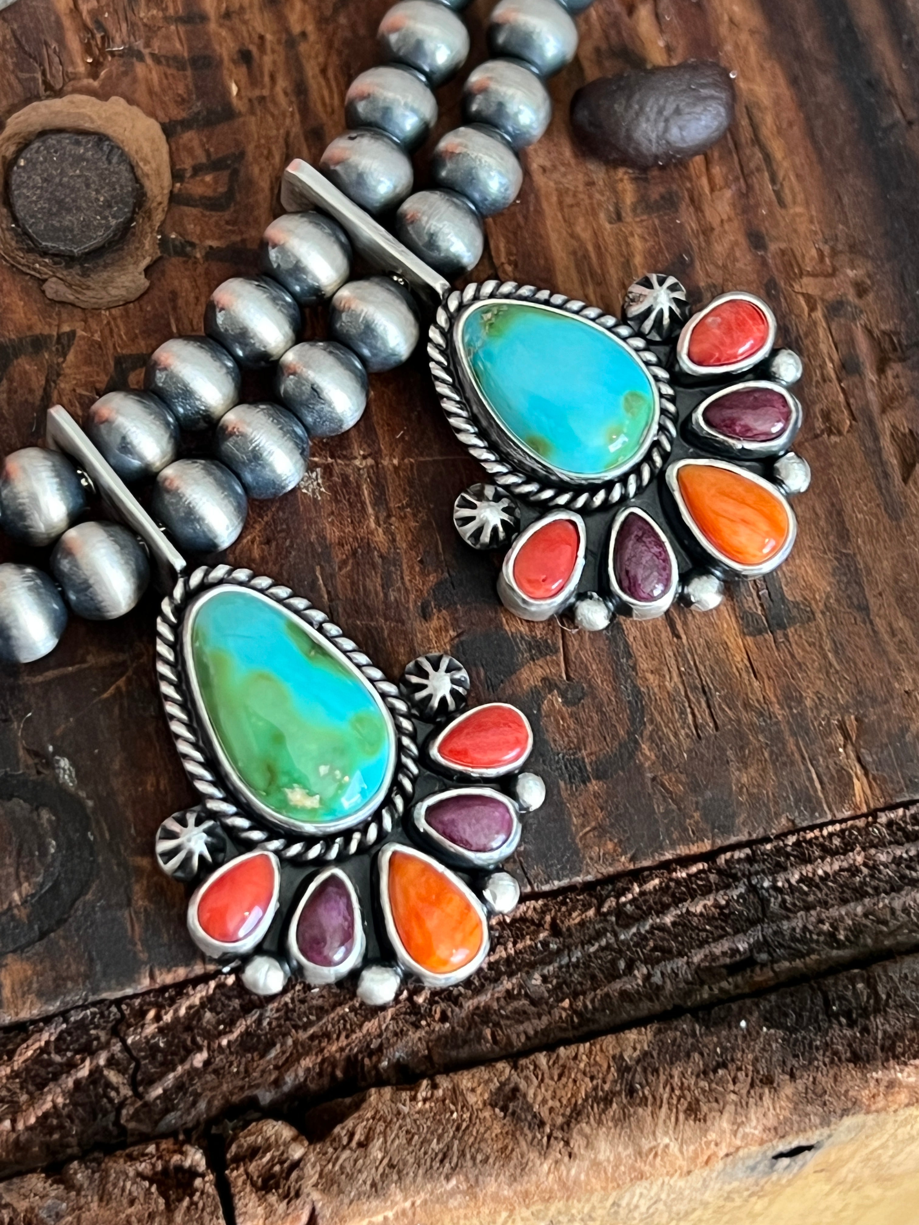 Handcrafted Sterling Silver Electric Rainbow Beaded Cluster Necklace & Earrings Set by Angela Martin