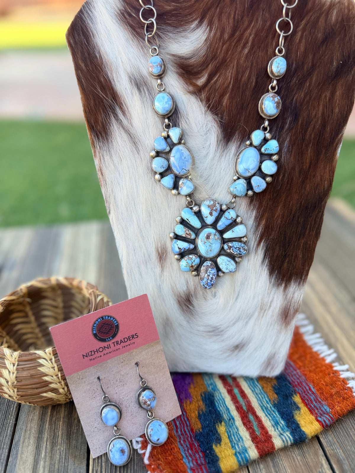 Handcrafted Golden Hills Turquoise & Sterling Silver Cluster Necklace and Earring Set by Kathleen Chavez