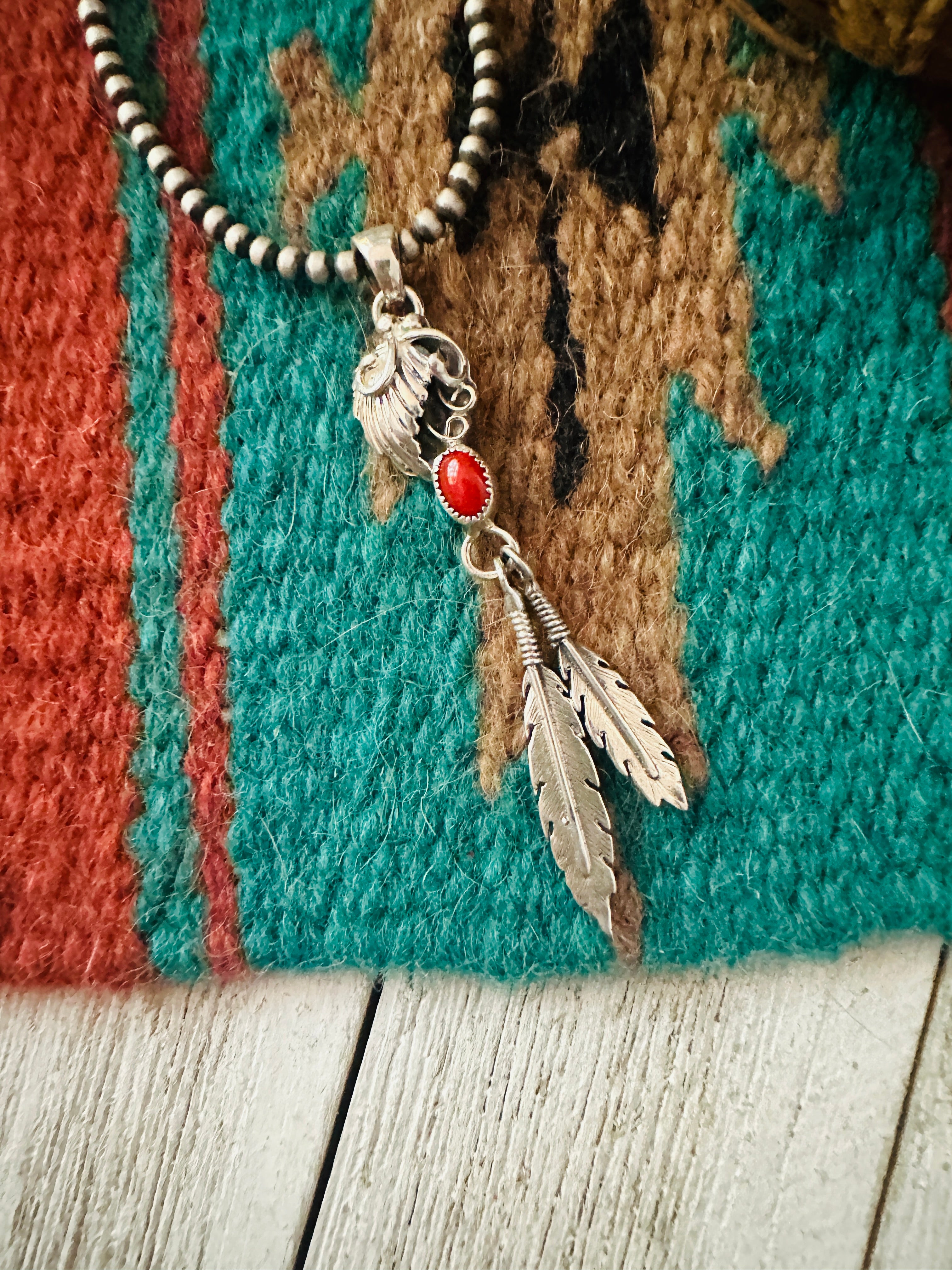 Handcrafted Coral & Sterling Silver Feather Pendant
