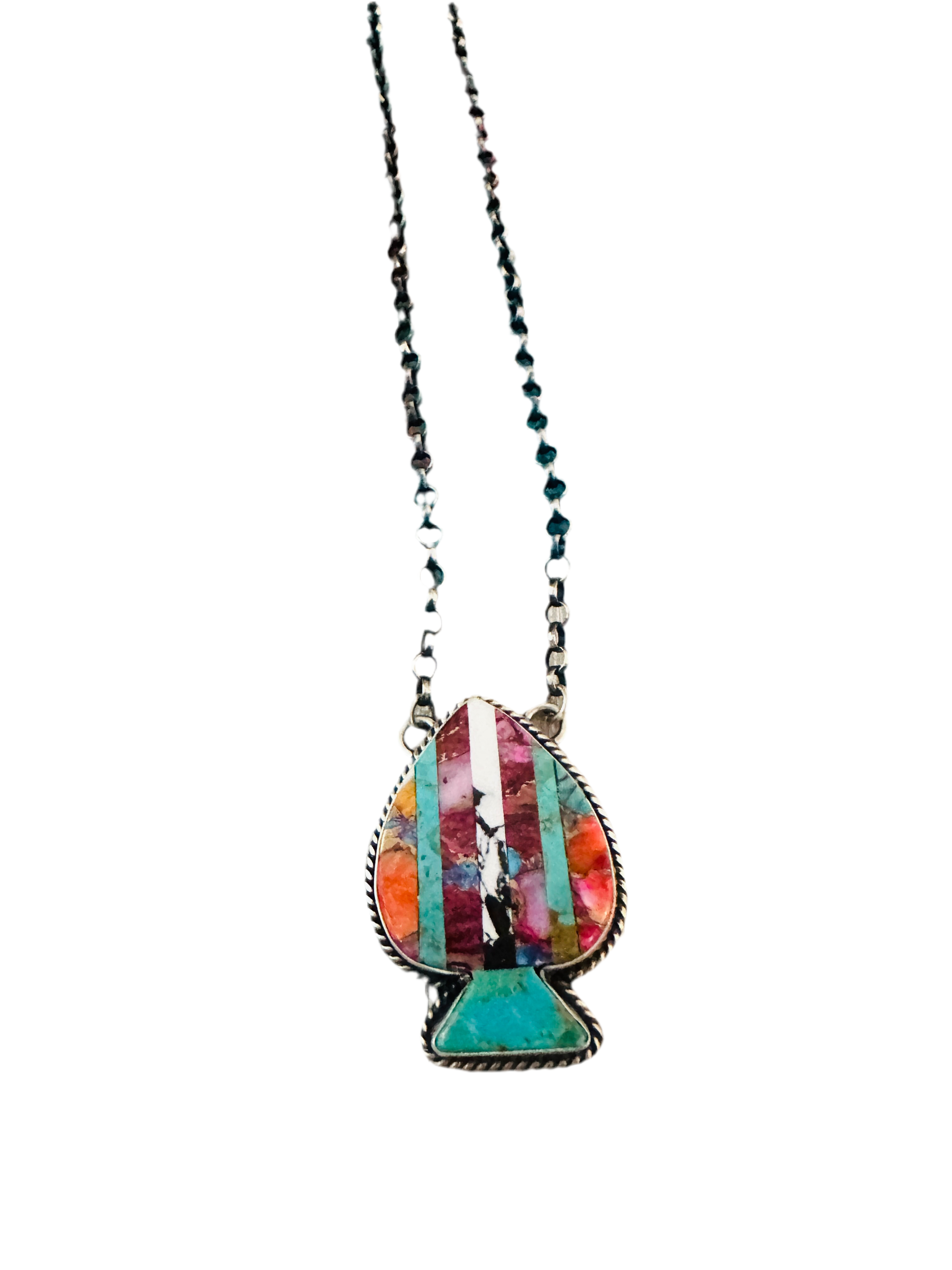 Navajo Sterling Silver & Multi Stone Inlay Spade Necklace
