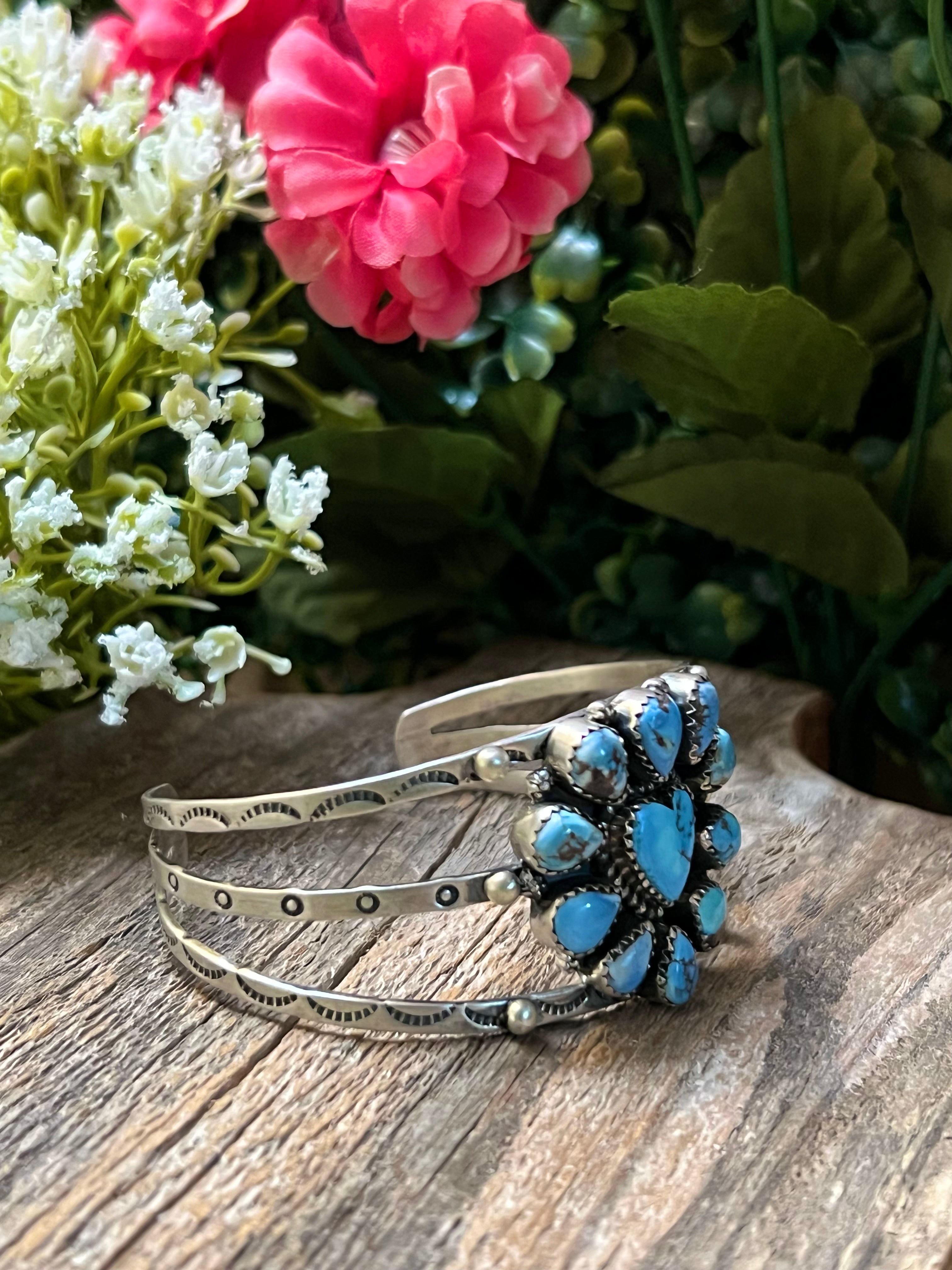 Handmade Golden Hills Turquoise Heart Cluster Sterling Silver Cuff Bracelet (03)