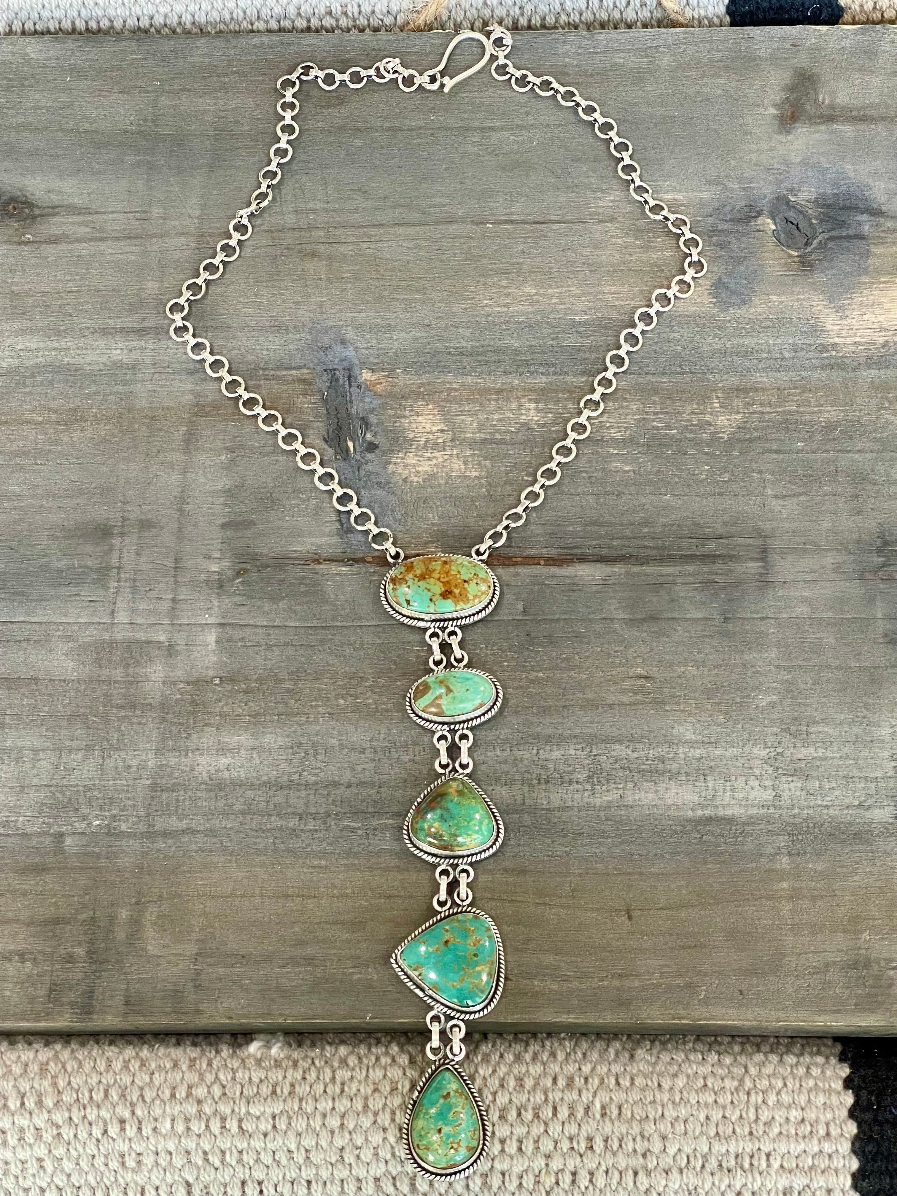 Handmade Sterling Silver & Royston Turquoise 5 Stone Drop Necklace Signed Nizhoni