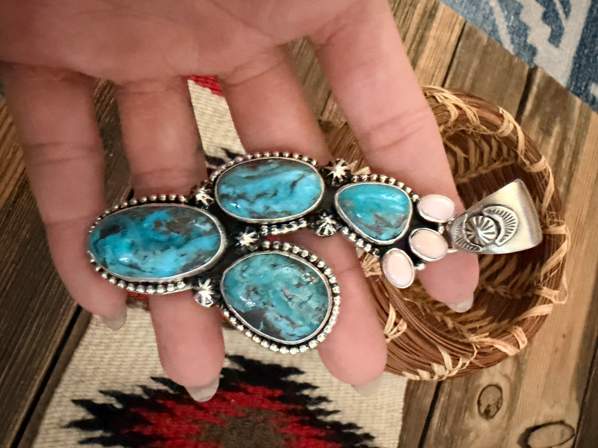Handcrafted Sterling Silver, Turquoise & Queen Pink Conch Cactus Pendant by Larry Kaye