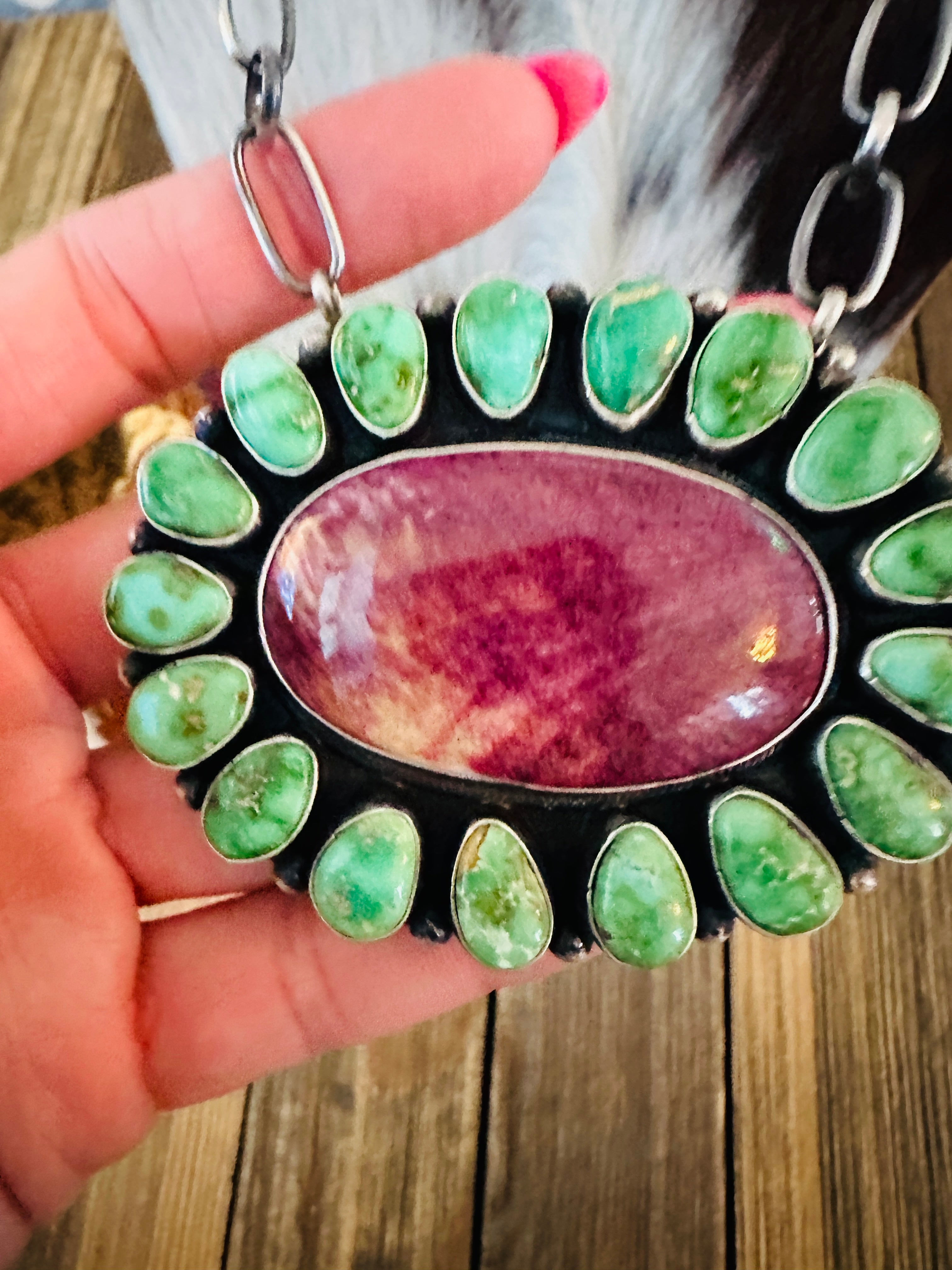 Handcrafted Turquoise, Spiny Oyster & Sterling Silver Cluster Necklace by Sheila Becenti