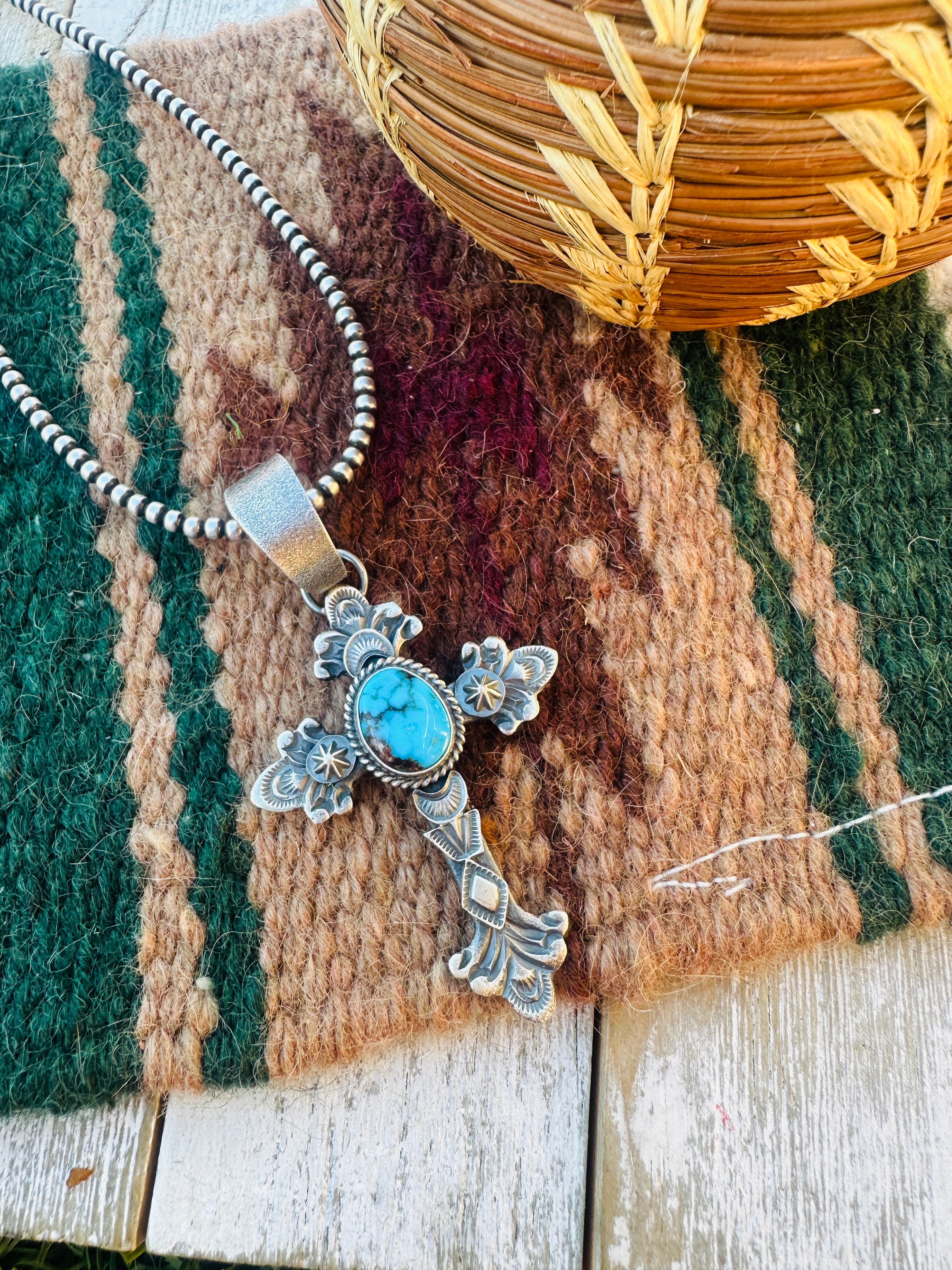 Handcrafted Sterling Silver & Turquoise Cross Pendant by Kevin Billah