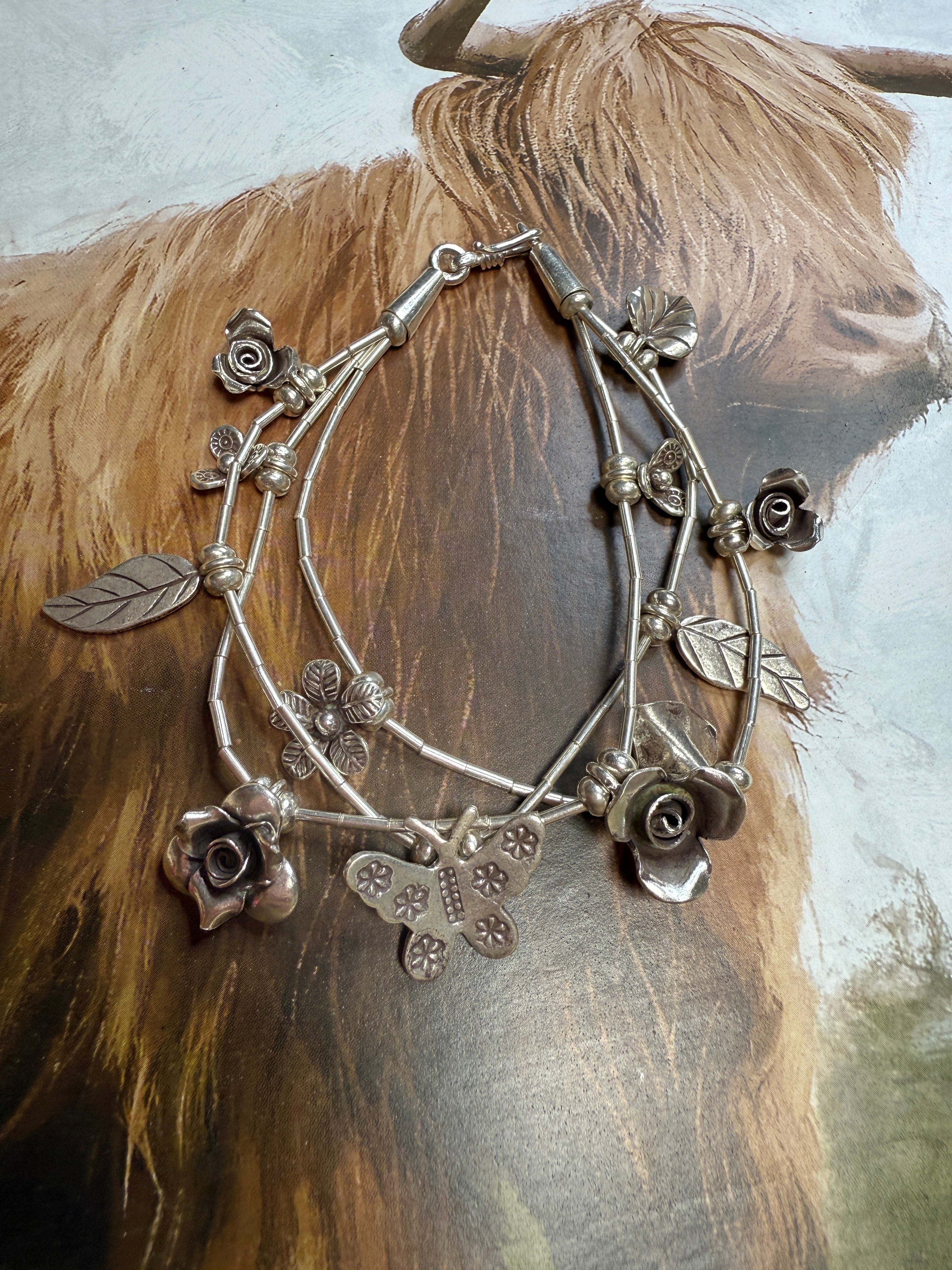 Handmade Sterling Silver Butterfly Flower Bracelet