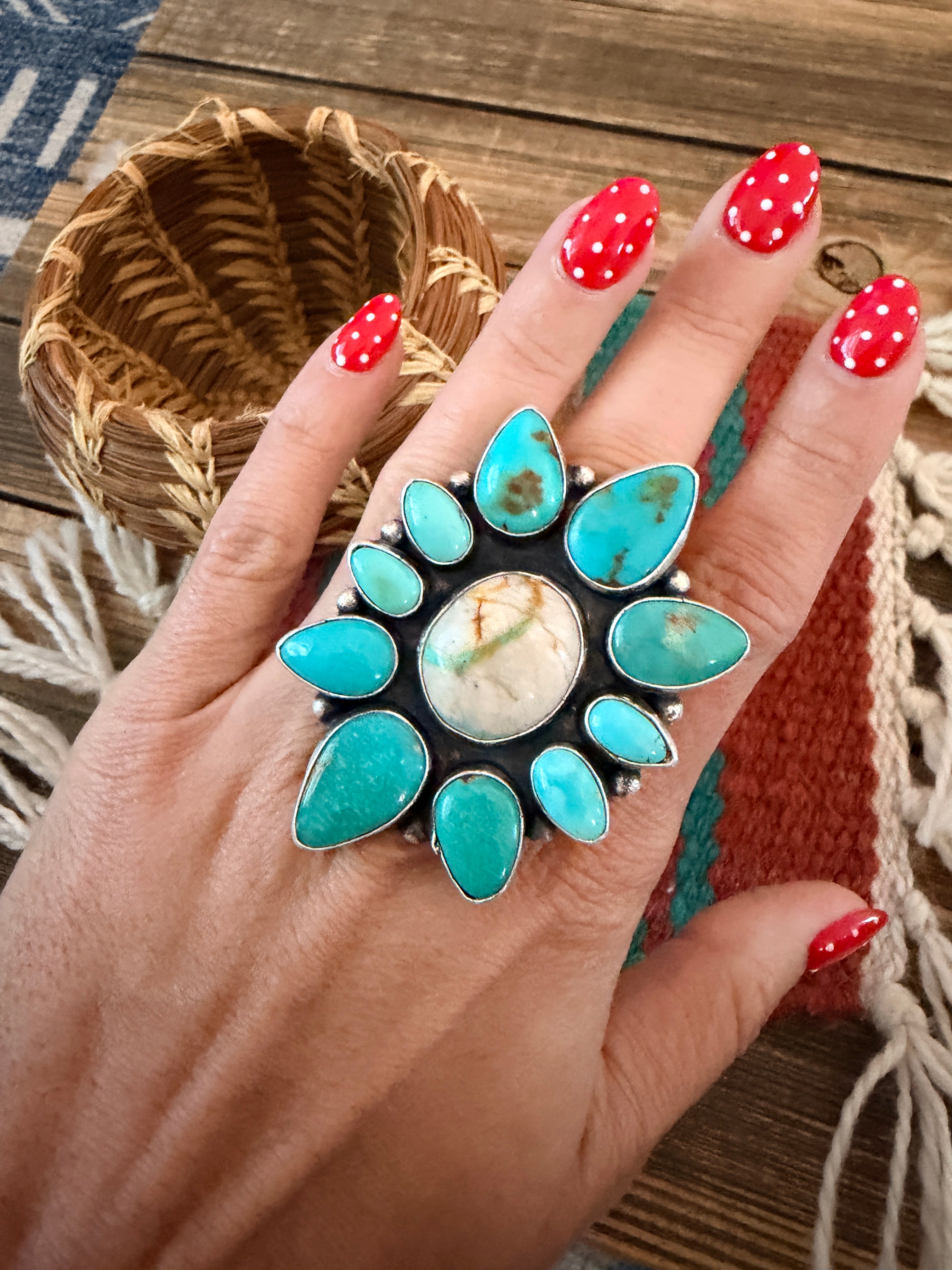 Handcrafted Multi Turquoise & Sterling Silver Ring Size 6 by Ella Peter