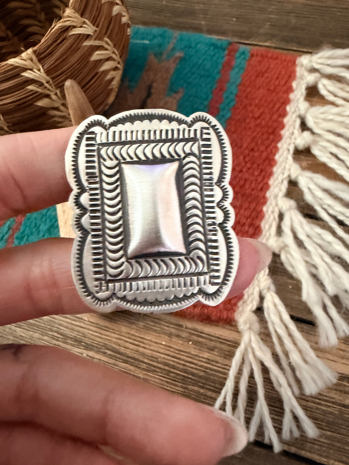 Handcrafted Sterling Silver Adjustable Concho Ring by Leander Tahe