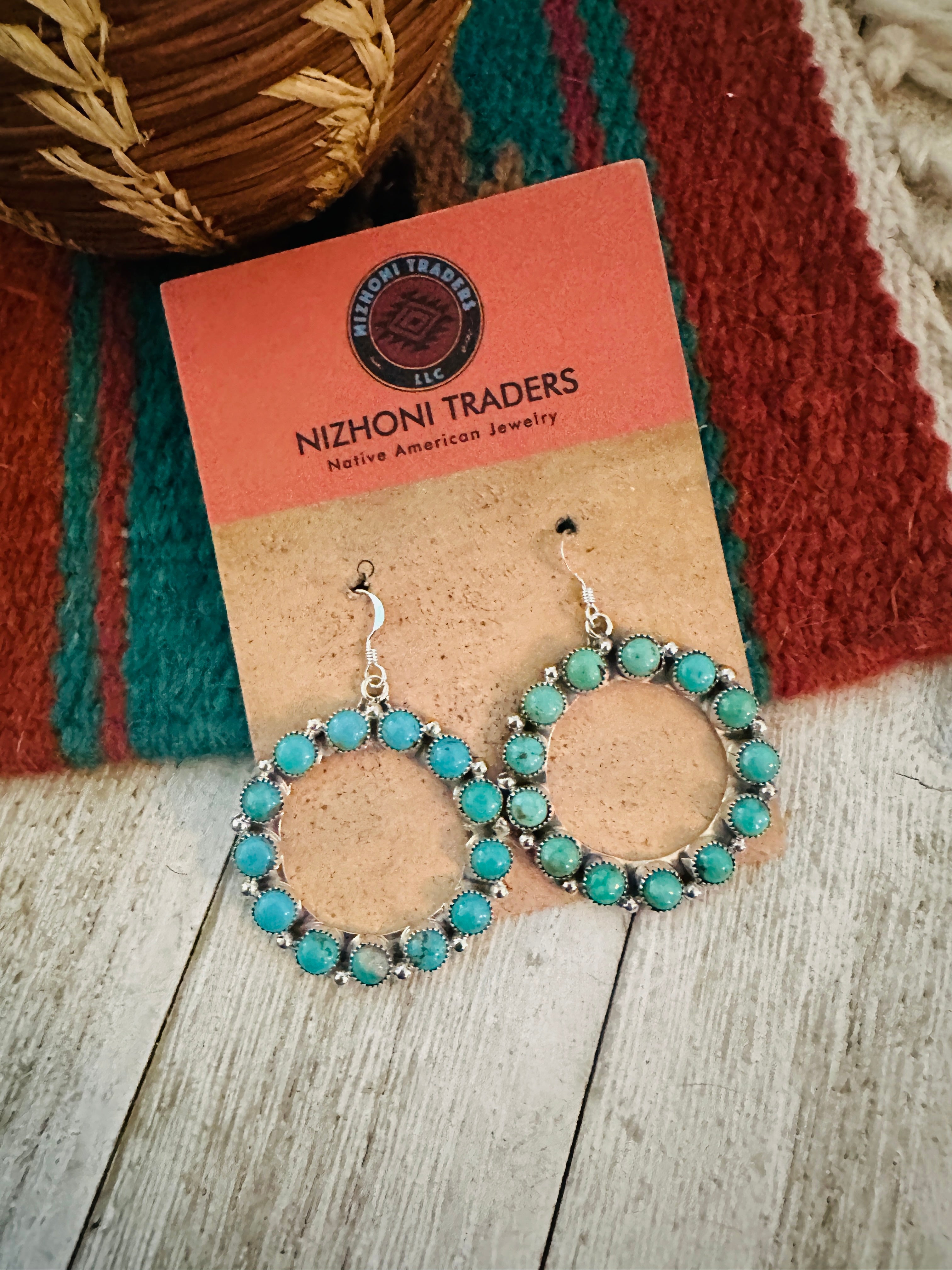 Handcrafted Turquoise & Sterling Silver Dangle Hoop Earrings