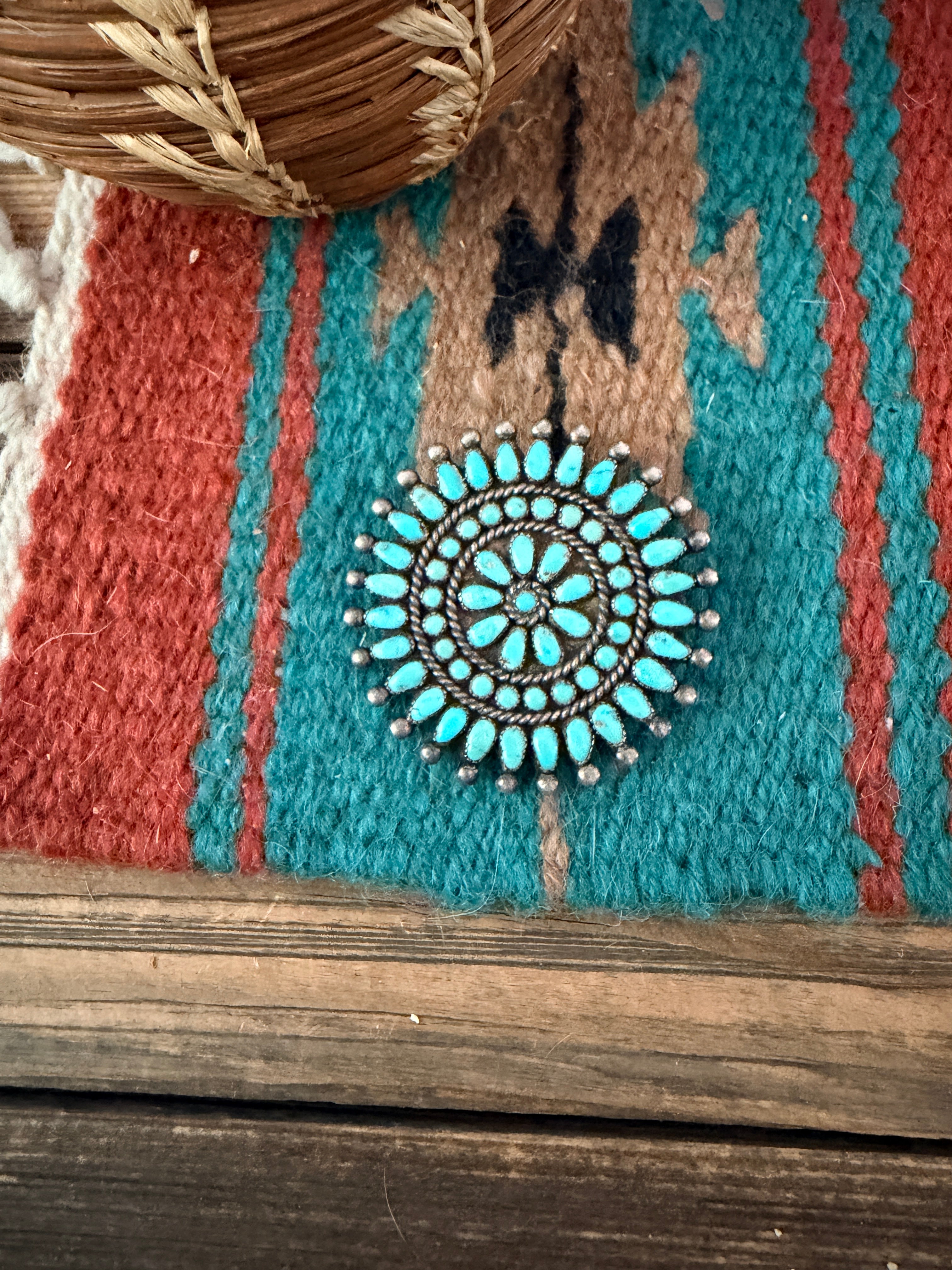 Old Pawn Handcrafted Turquoise and Sterling Silver Cluster Brooch