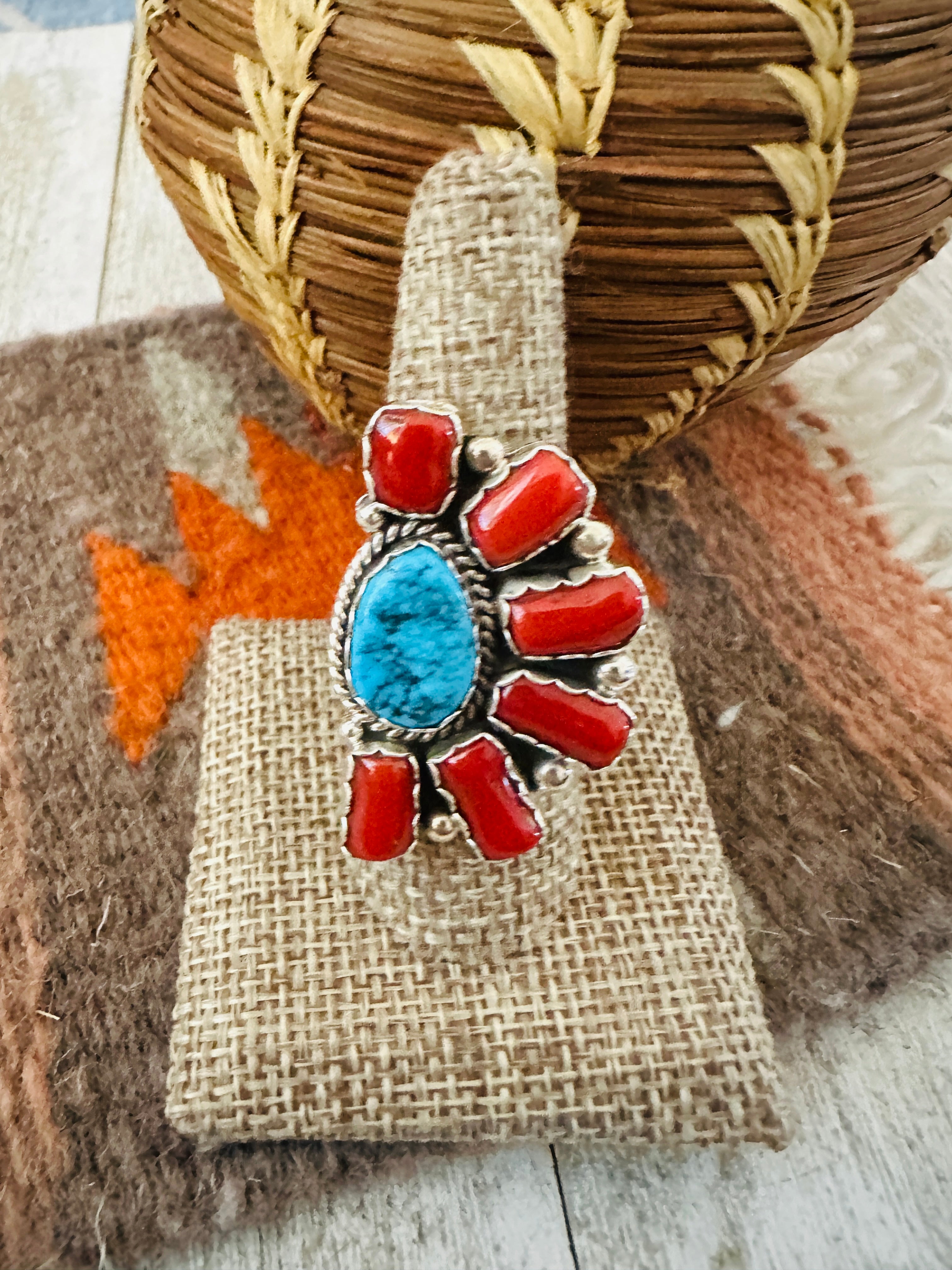Handcrafted Turquoise, Coral & Sterling Silver Cluster Ring by Julia Etsitty