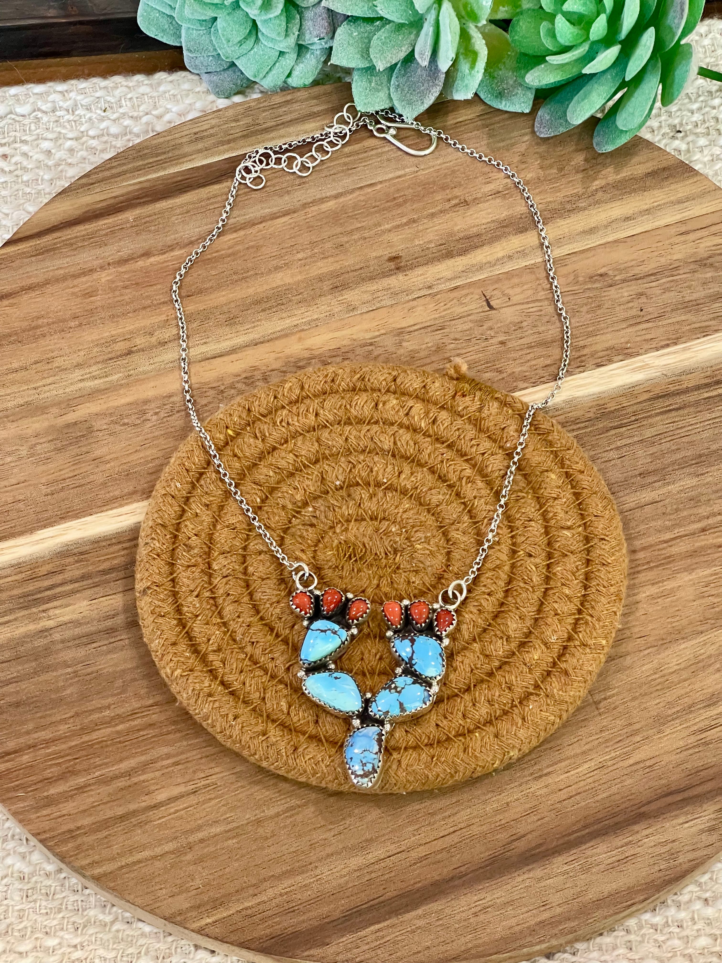 Handmade Sterling Silver, Golden Hills Turquoise & Coral Necklace Signed Nizhoni