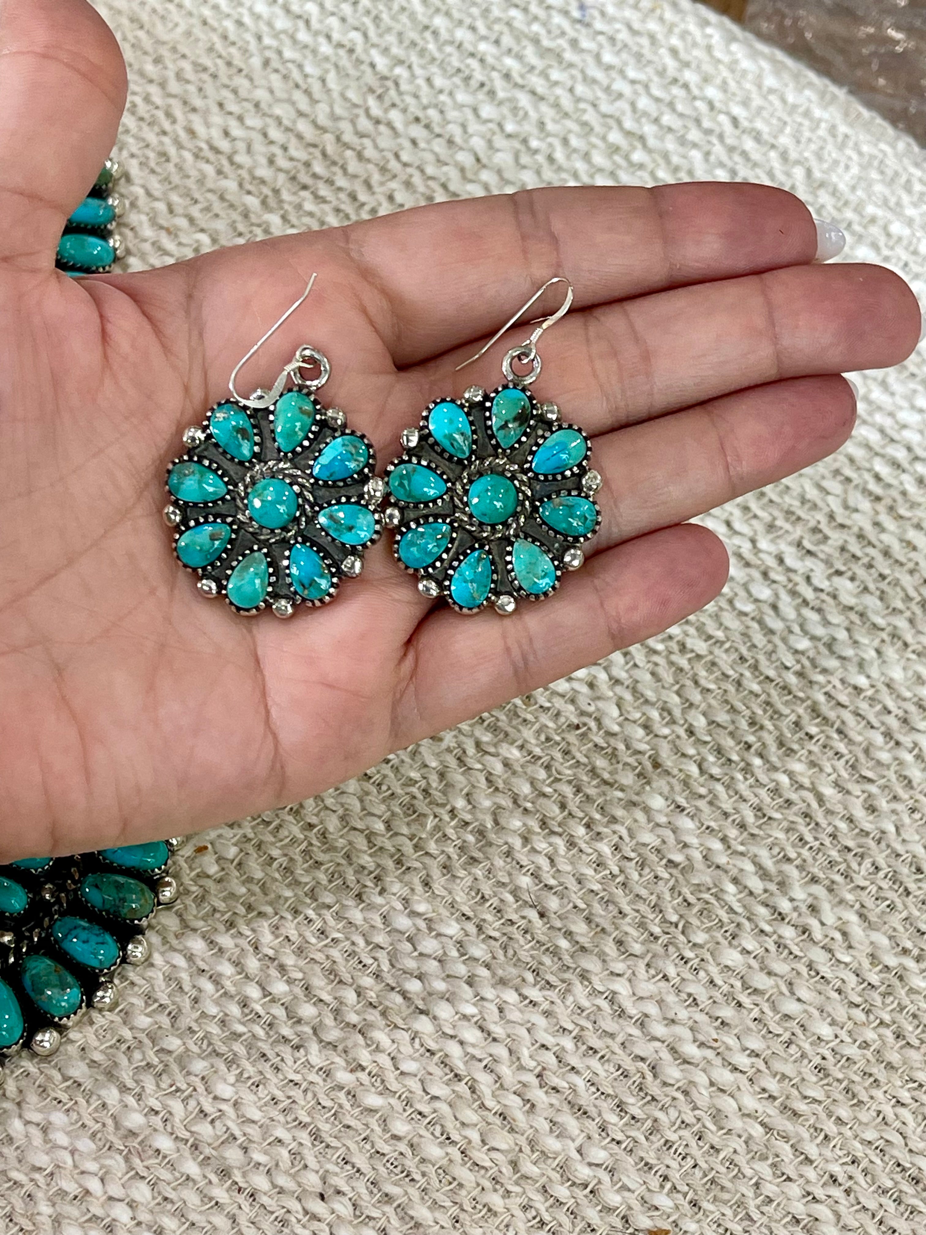 Beautiful Handmade Sterling Silver & Turquoise Cluster Necklace And Earring Set