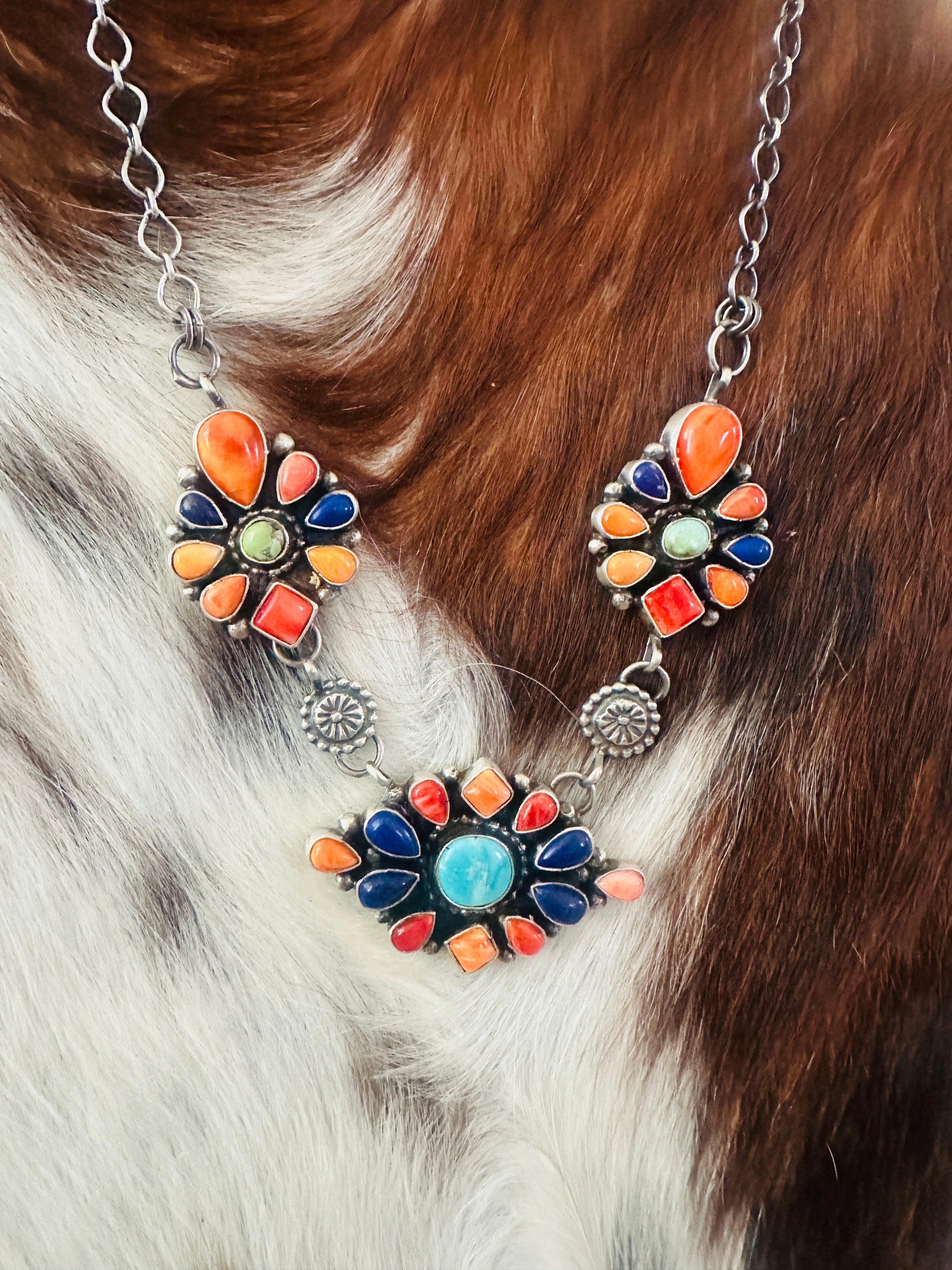 Old Pawn Handcrafted Multi Stone & Sterling Silver Cluster Necklace by Sheila Becenti