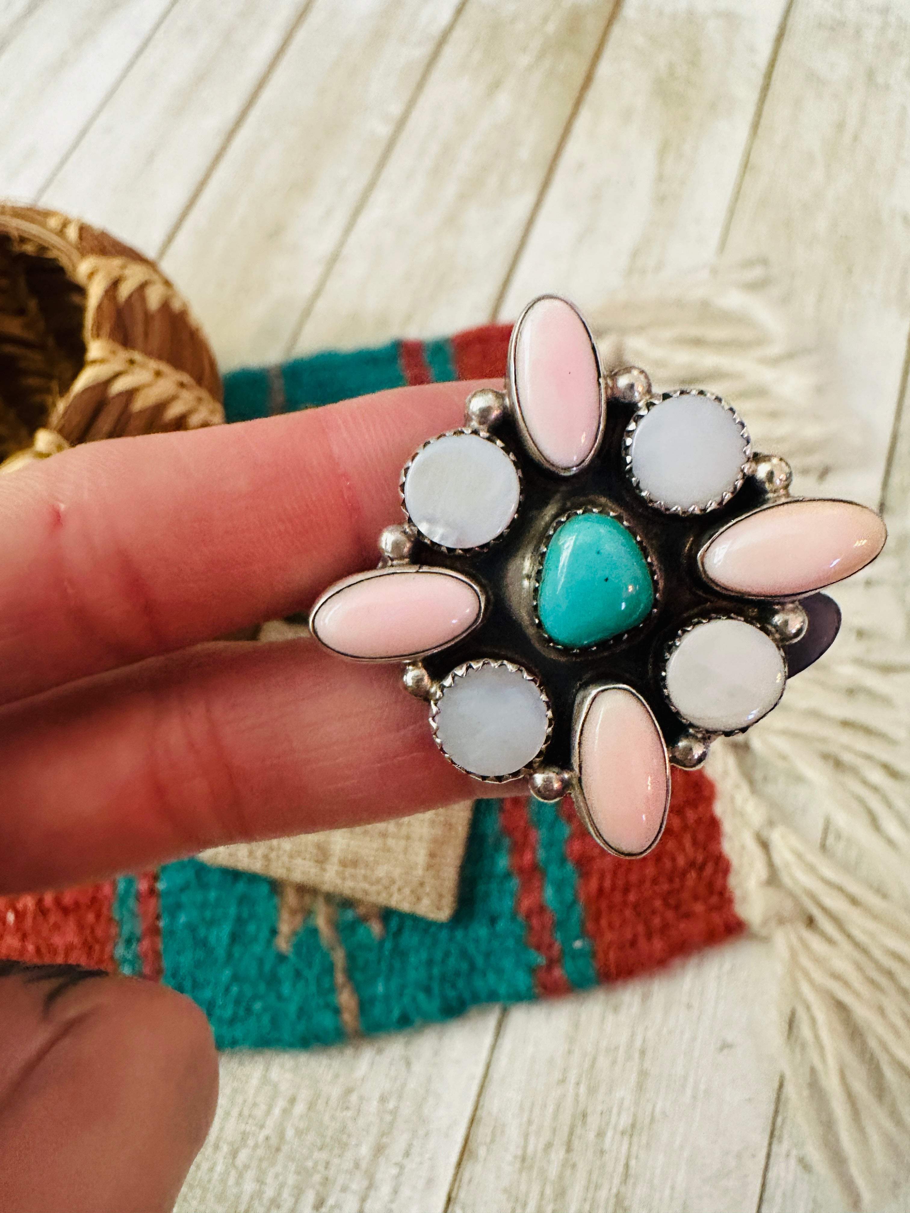 Handcrafted Queen Pink Conch, Mother of Pearl, Turquoise & Sterling Silver Adjustable Ring by Jacqueline Silver