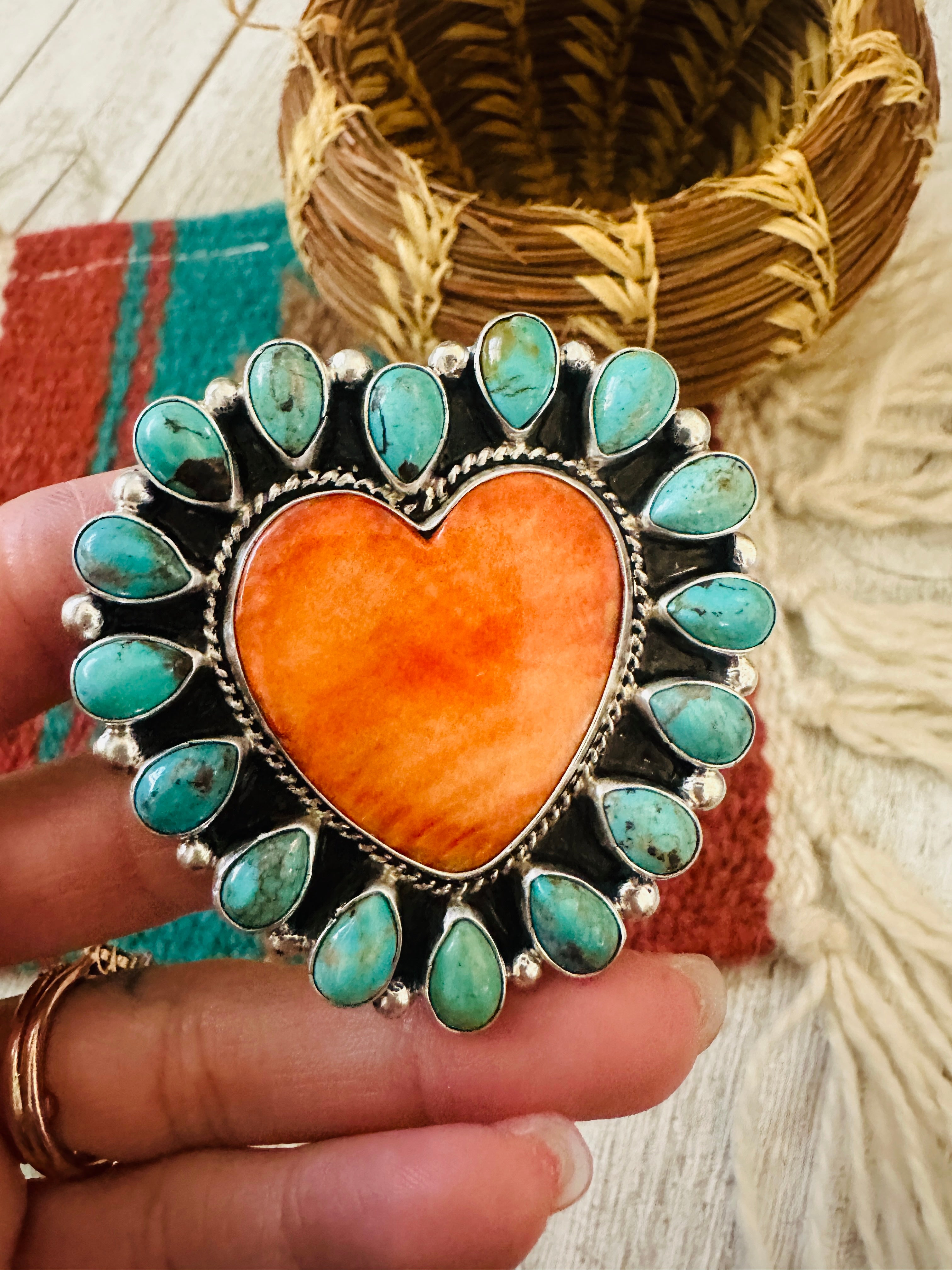 Handcrafted Sterling Silver, Spiny & Turquoise Cluster Adjustable Heart Ring