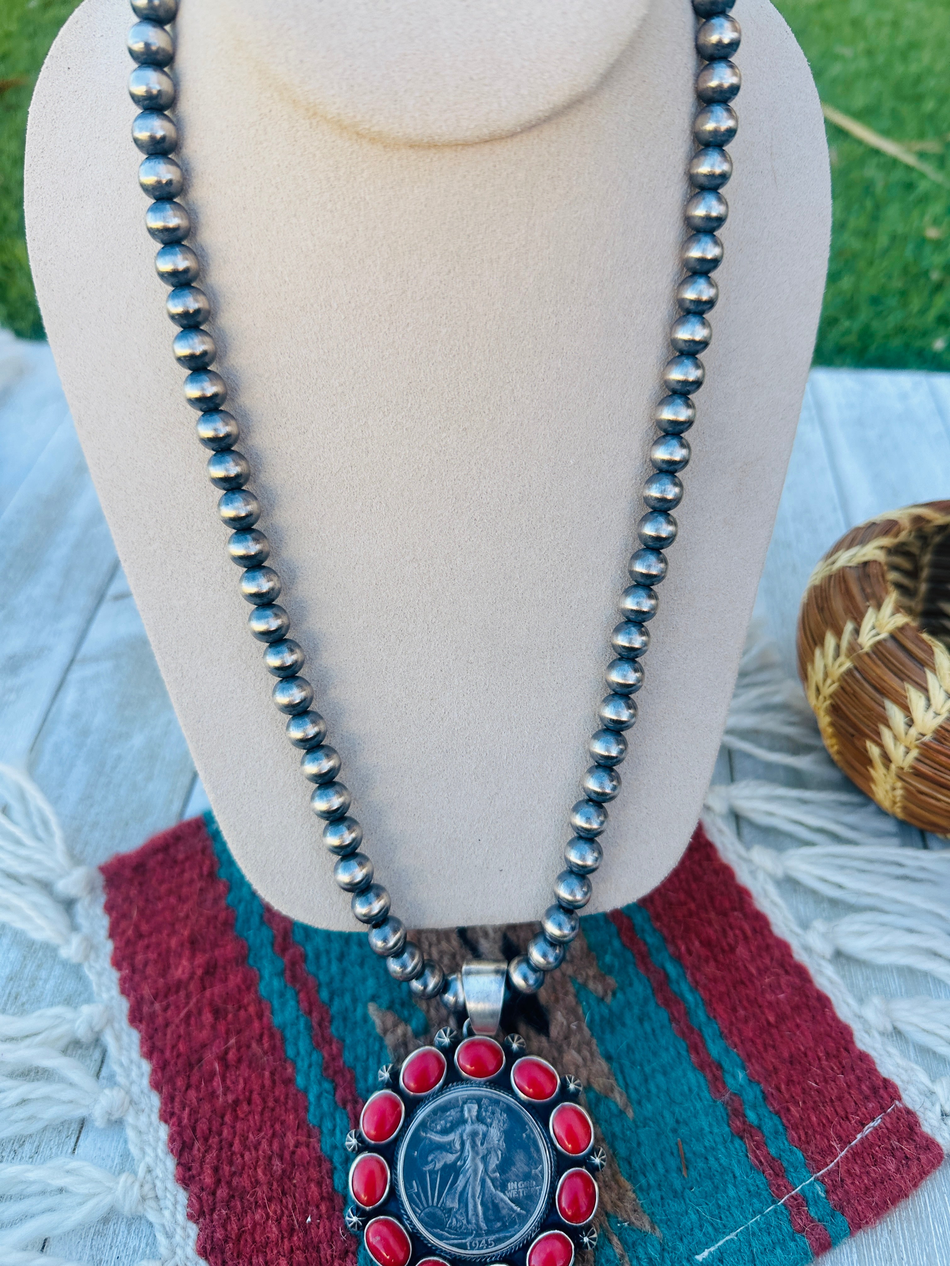 Handcrafted Sterling Silver and Coral Liberty Coin Necklace by Darrin Livingston