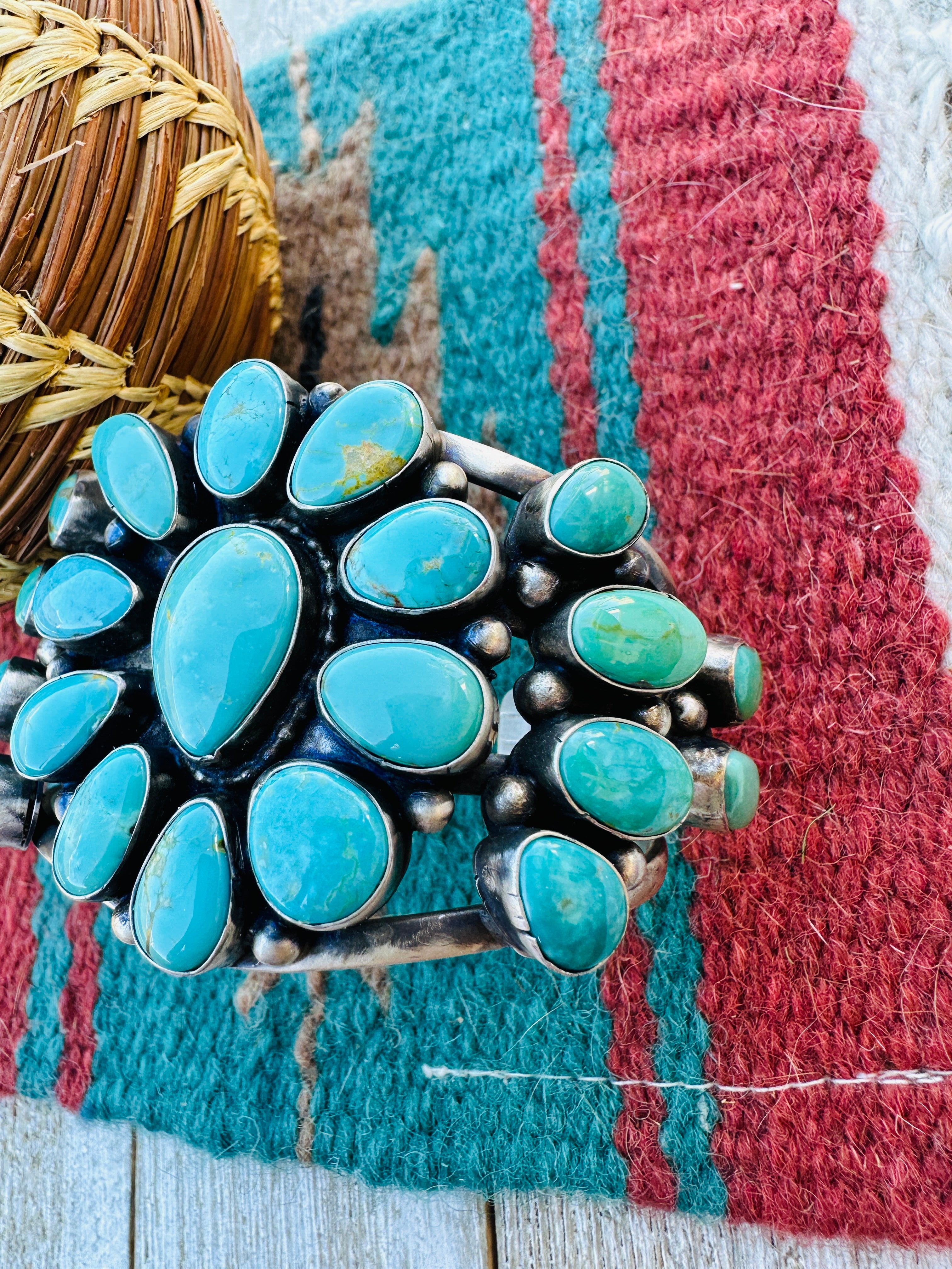Handcrafted Sterling Silver & Blue Water Turquoise Cluster Cuff Bracelet by Bobby Johnson