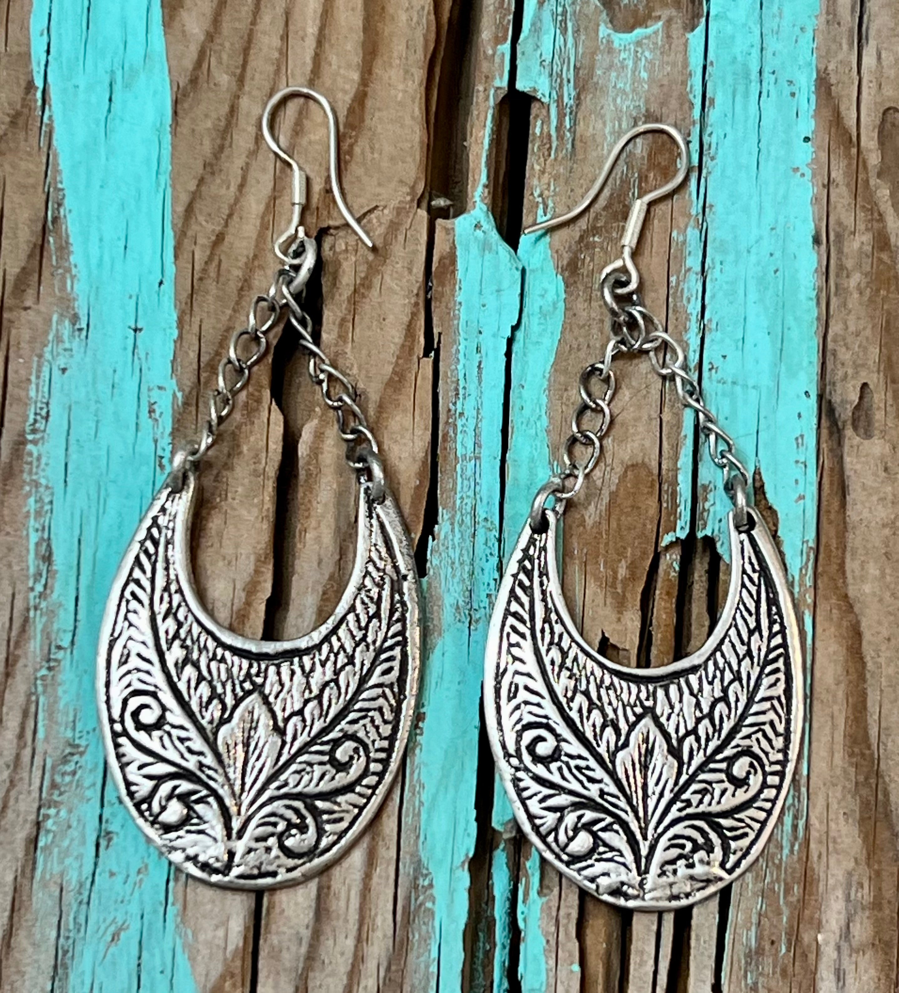 Oval-Shaped, Silver-Plated Engraved Earrings