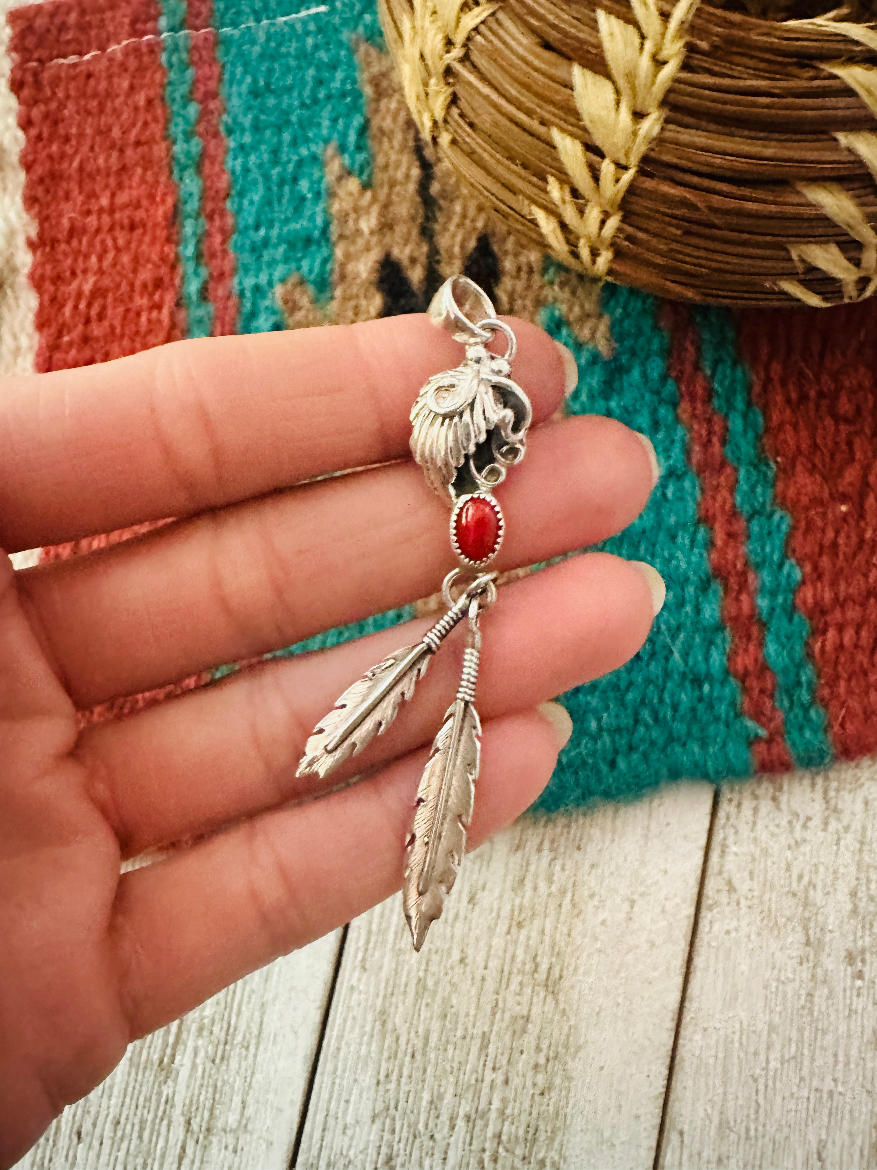 Handcrafted Coral & Sterling Silver Feather Pendant