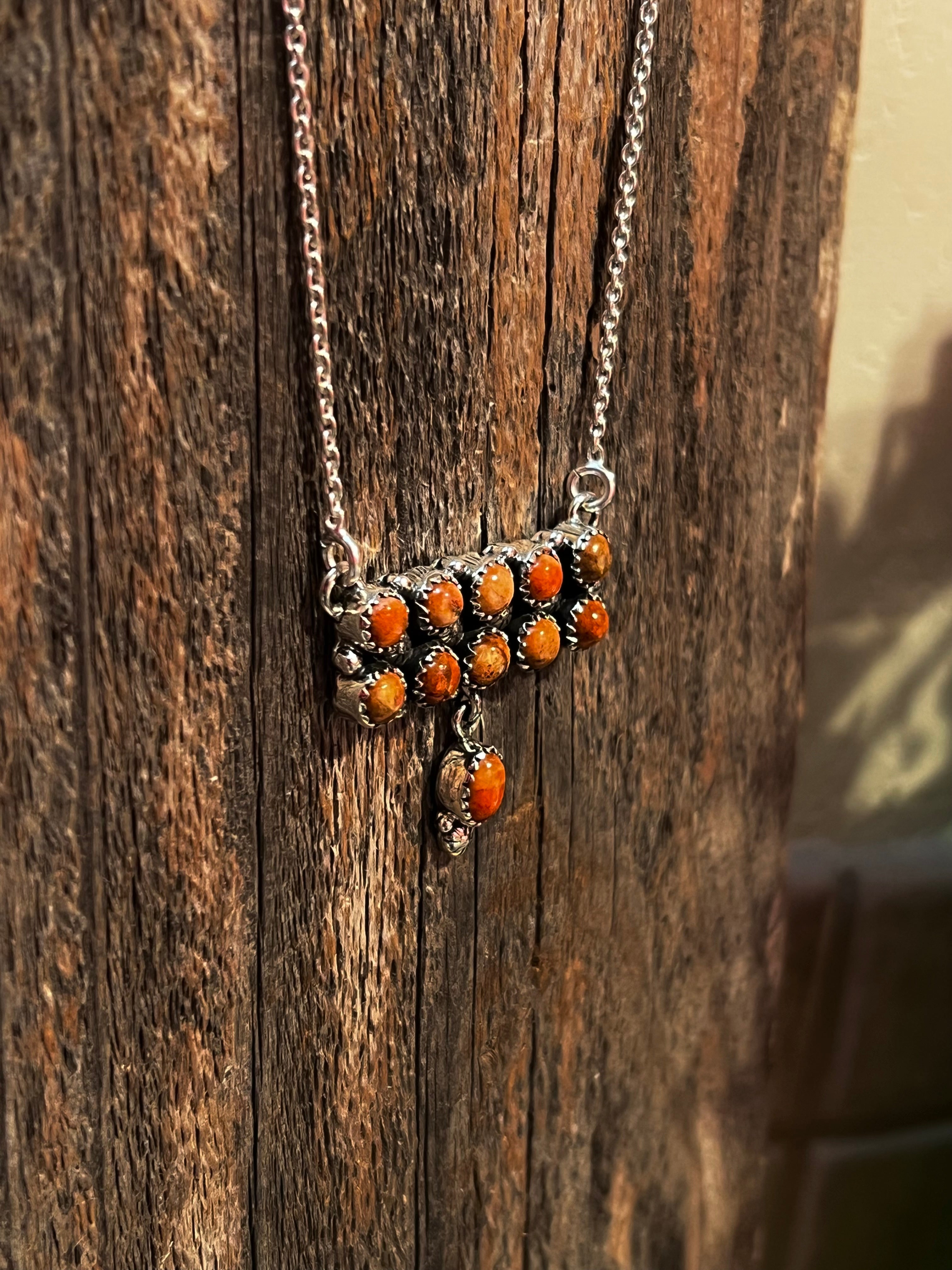 Handmade Sterling Silver & Orange Spiny Tear Drop Dangle, Bar Necklace