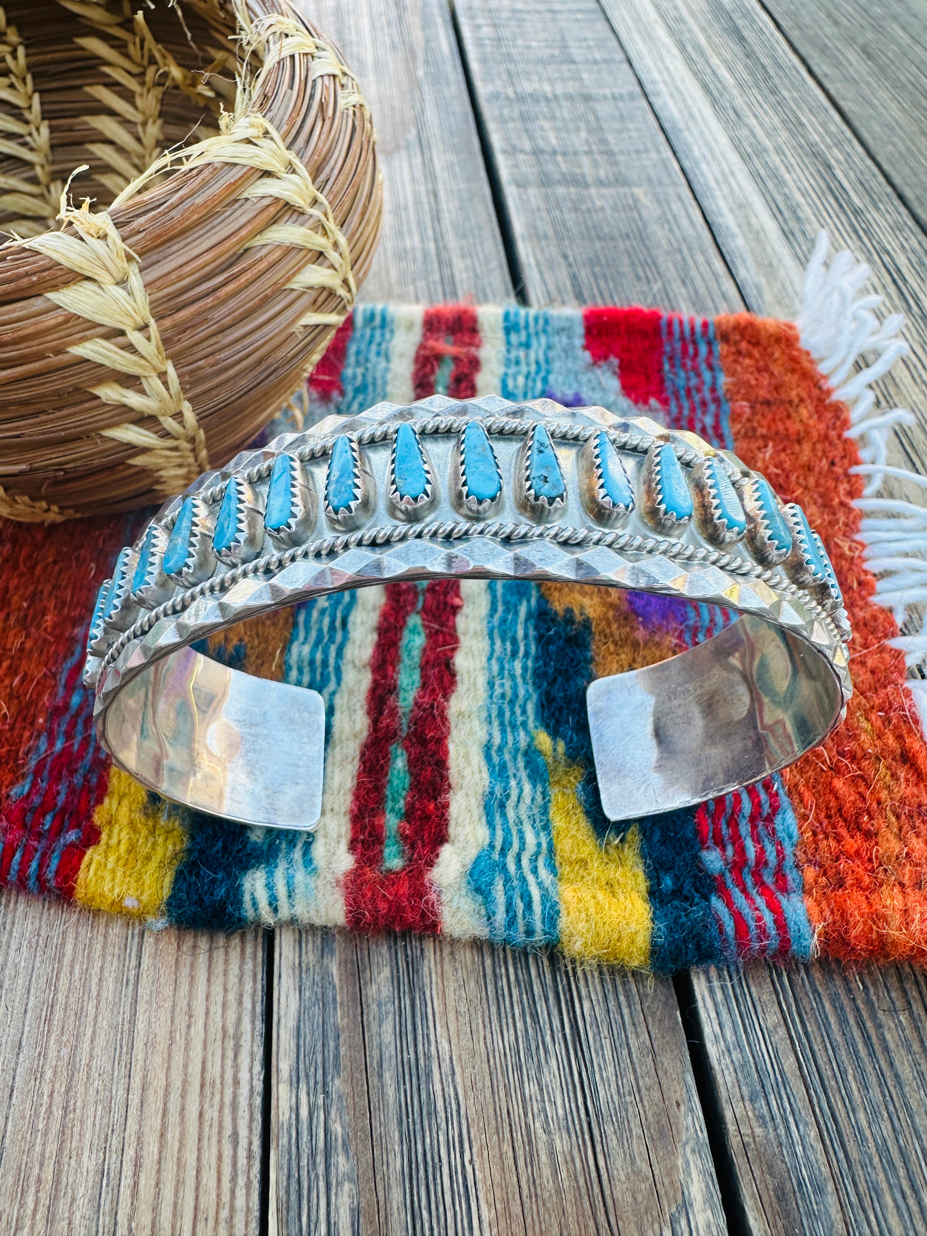 Handcrafted Old Pawn Sterling Silver & Turquoise Cuff Bracelet by Tommy Lowe