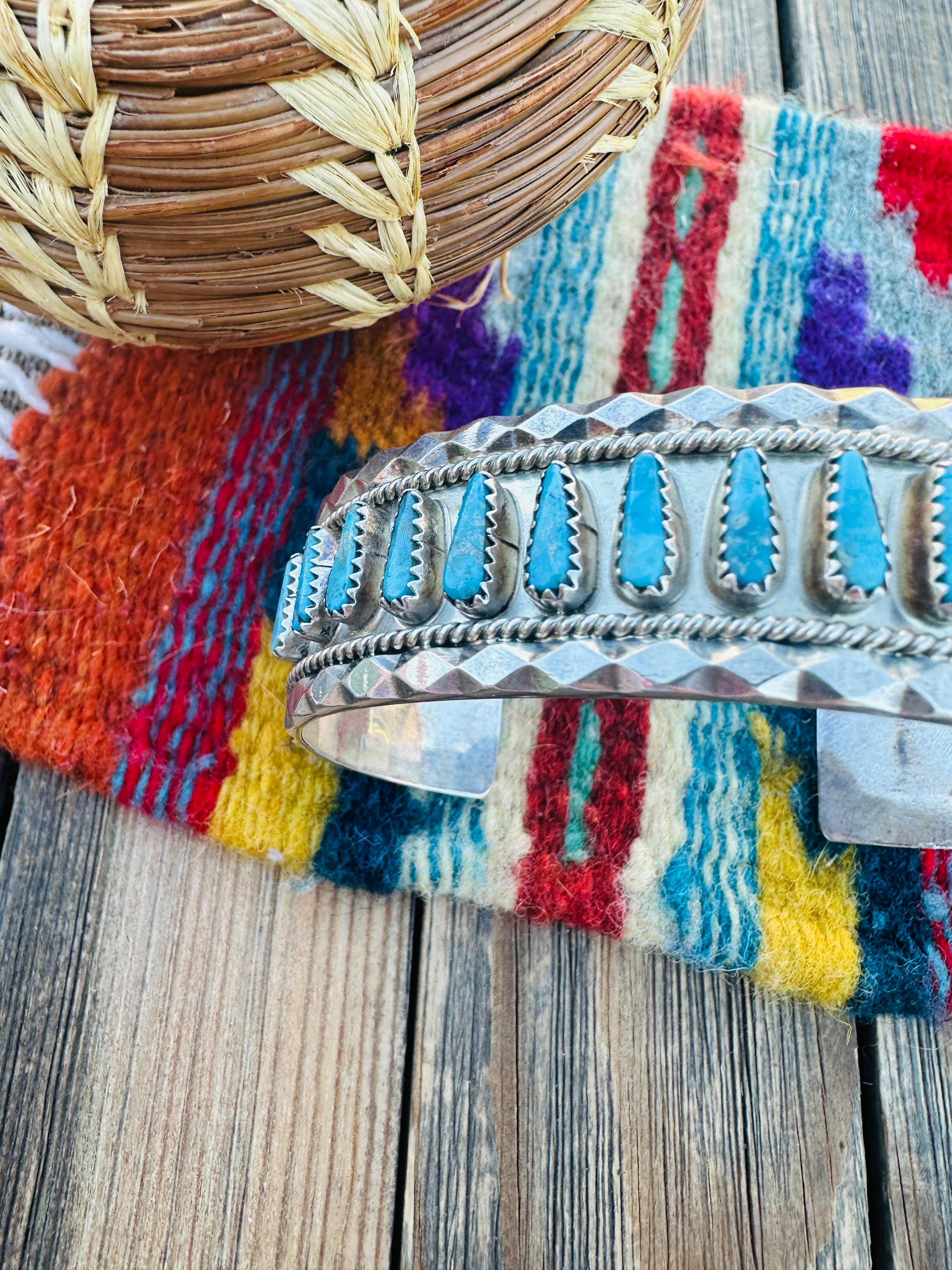 Handcrafted Old Pawn Sterling Silver & Turquoise Cuff Bracelet by Tommy Lowe