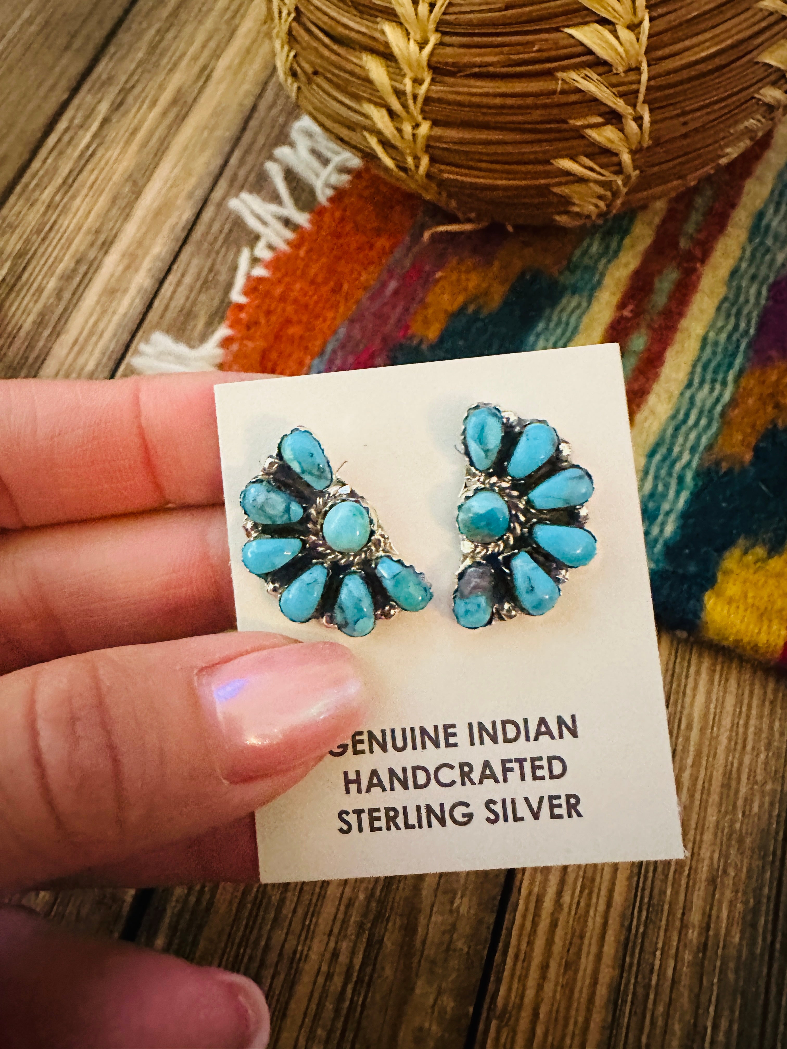 Handcrafted Turquoise & Sterling Silver Cluster Post Earrings