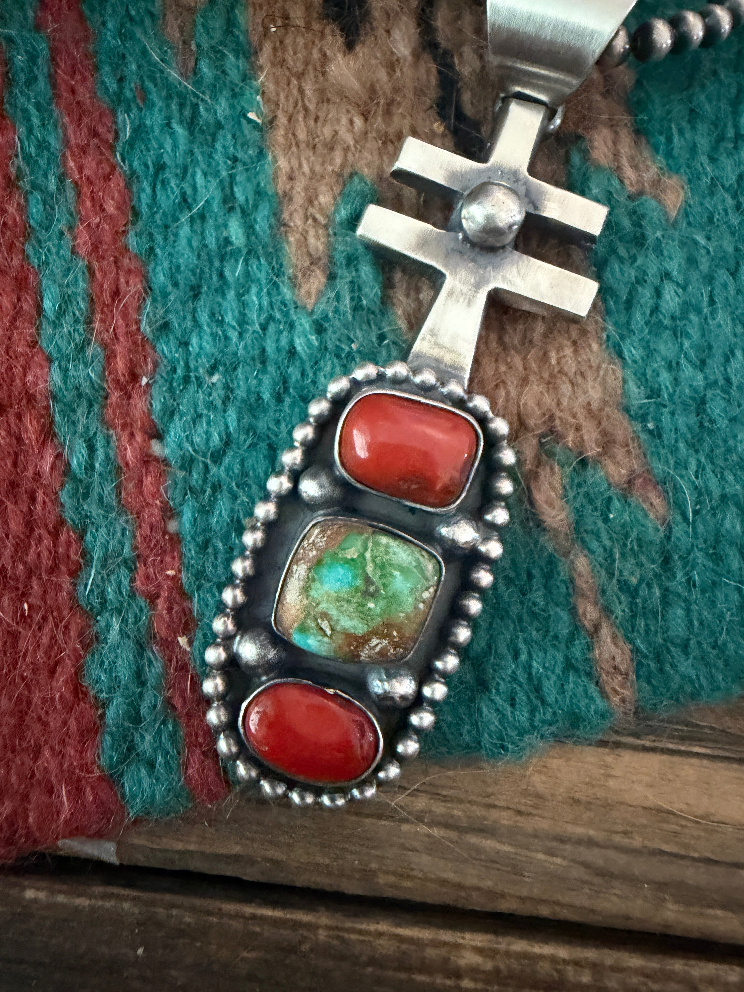 Handcrafted Sterling Silver, Coral & Sonoran Gold Turquoise Pendant by Chimney Butte
