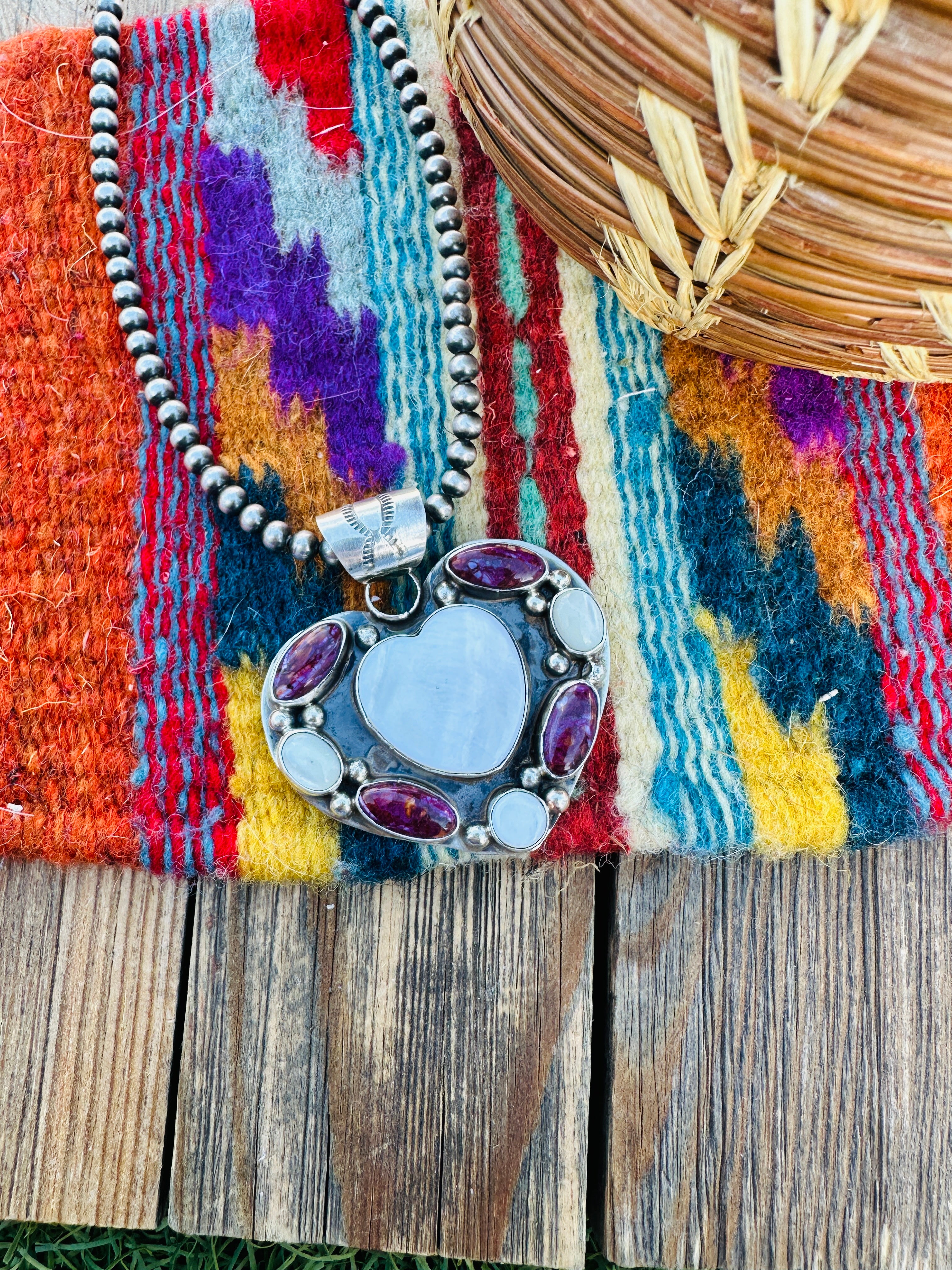 Handcrafted Mother of Pearl, Spiny & Sterling Silver Heart Pendant by Jacqueline Silver