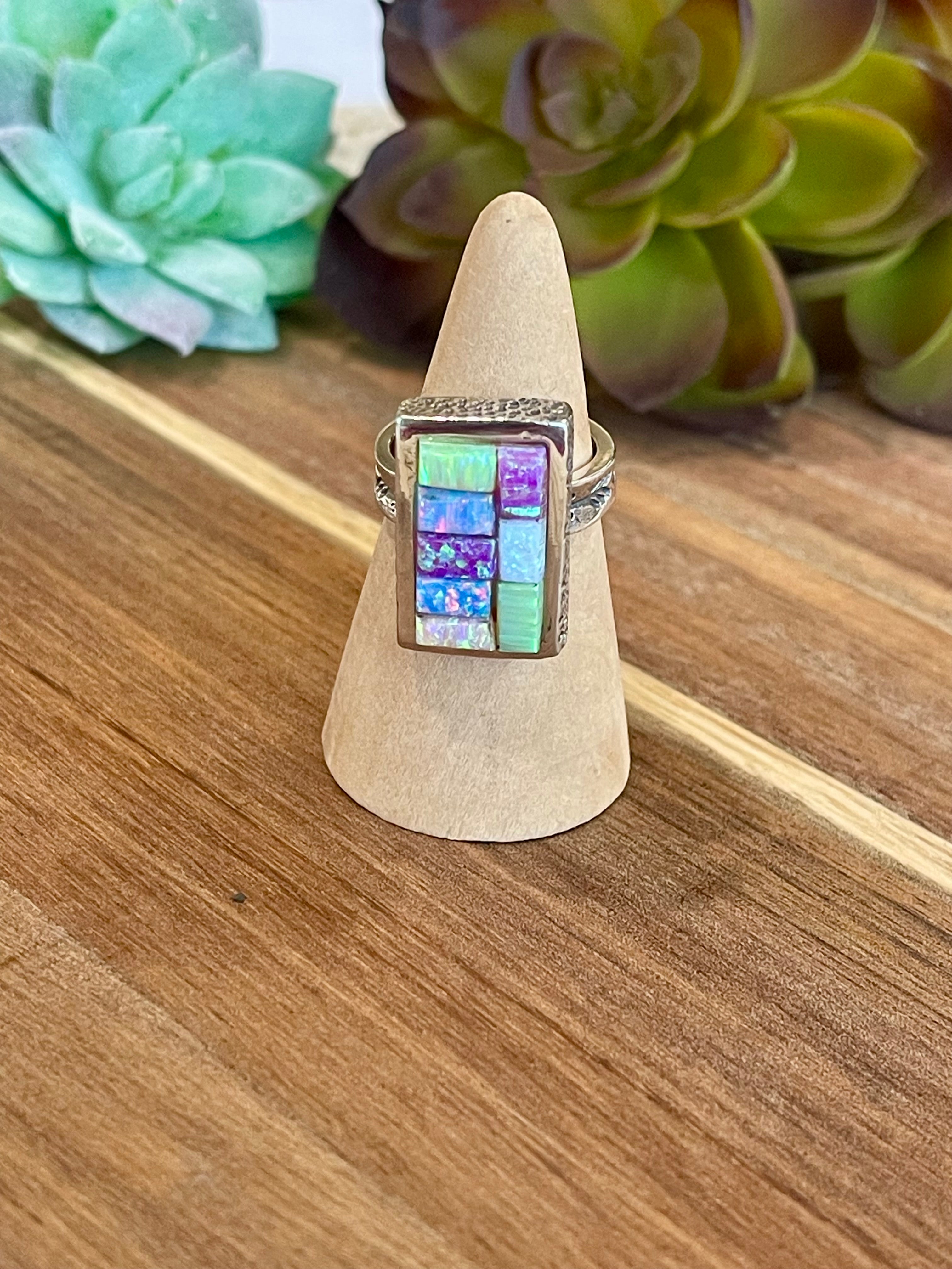 Handmade Sterling Silver & Multi Stone Inlay Ring Size 7.75