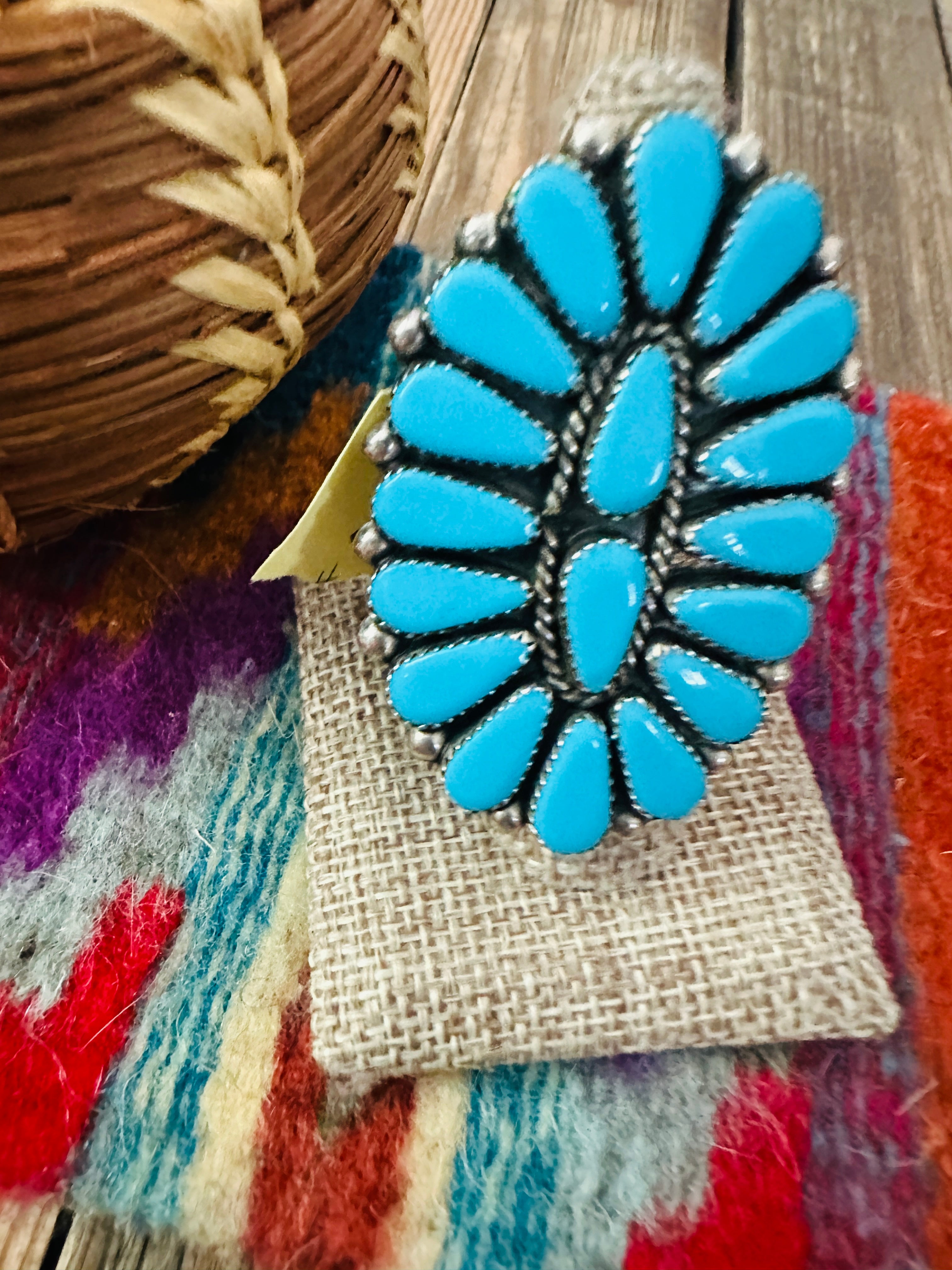 Old Pawn Handcrafted Turquoise & Sterling Silver Cluster Ring Size 10