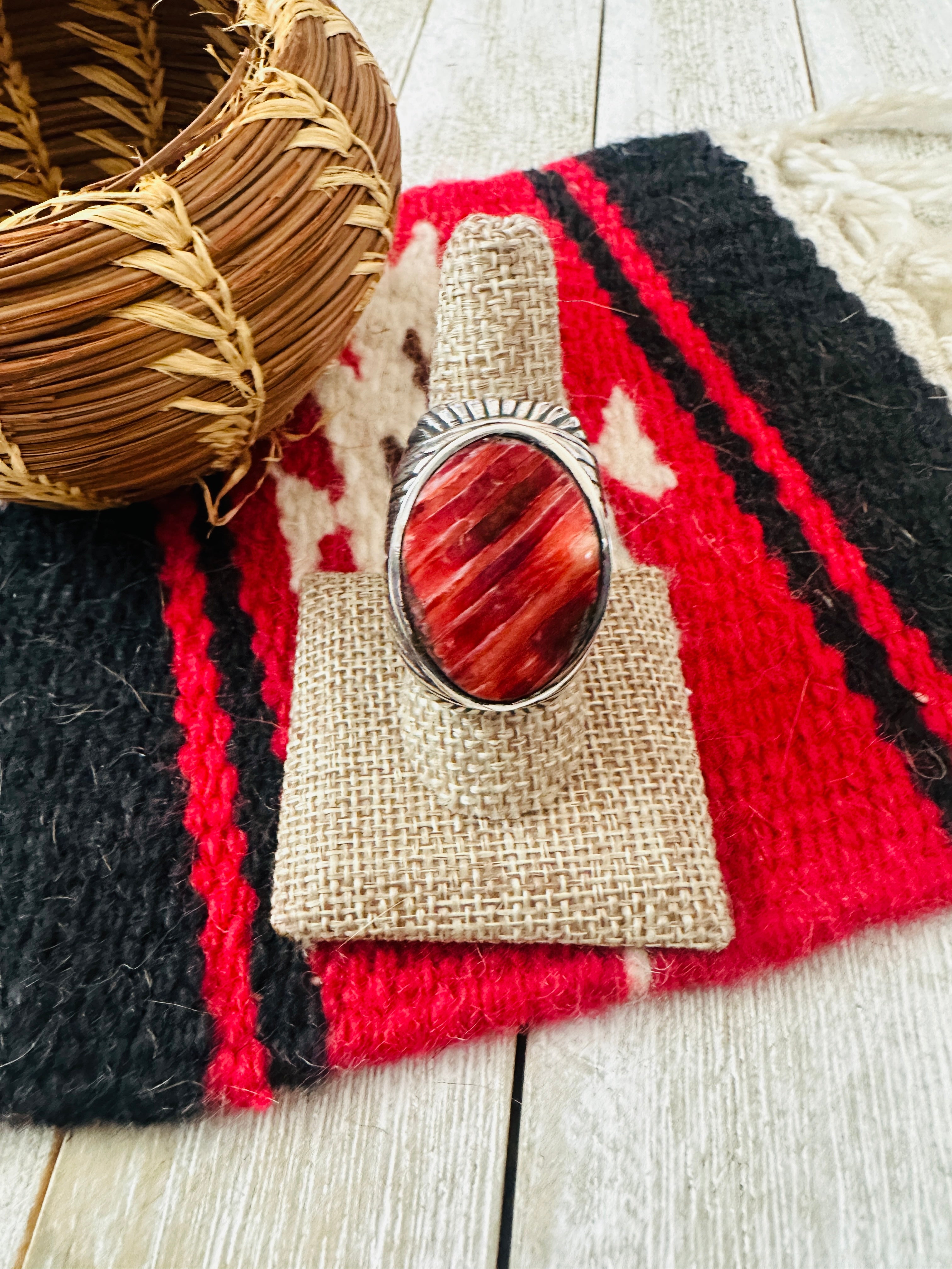 Old Pawn Navajo Sterling Silver & Red Spiny Men’s Ring Size 8.5