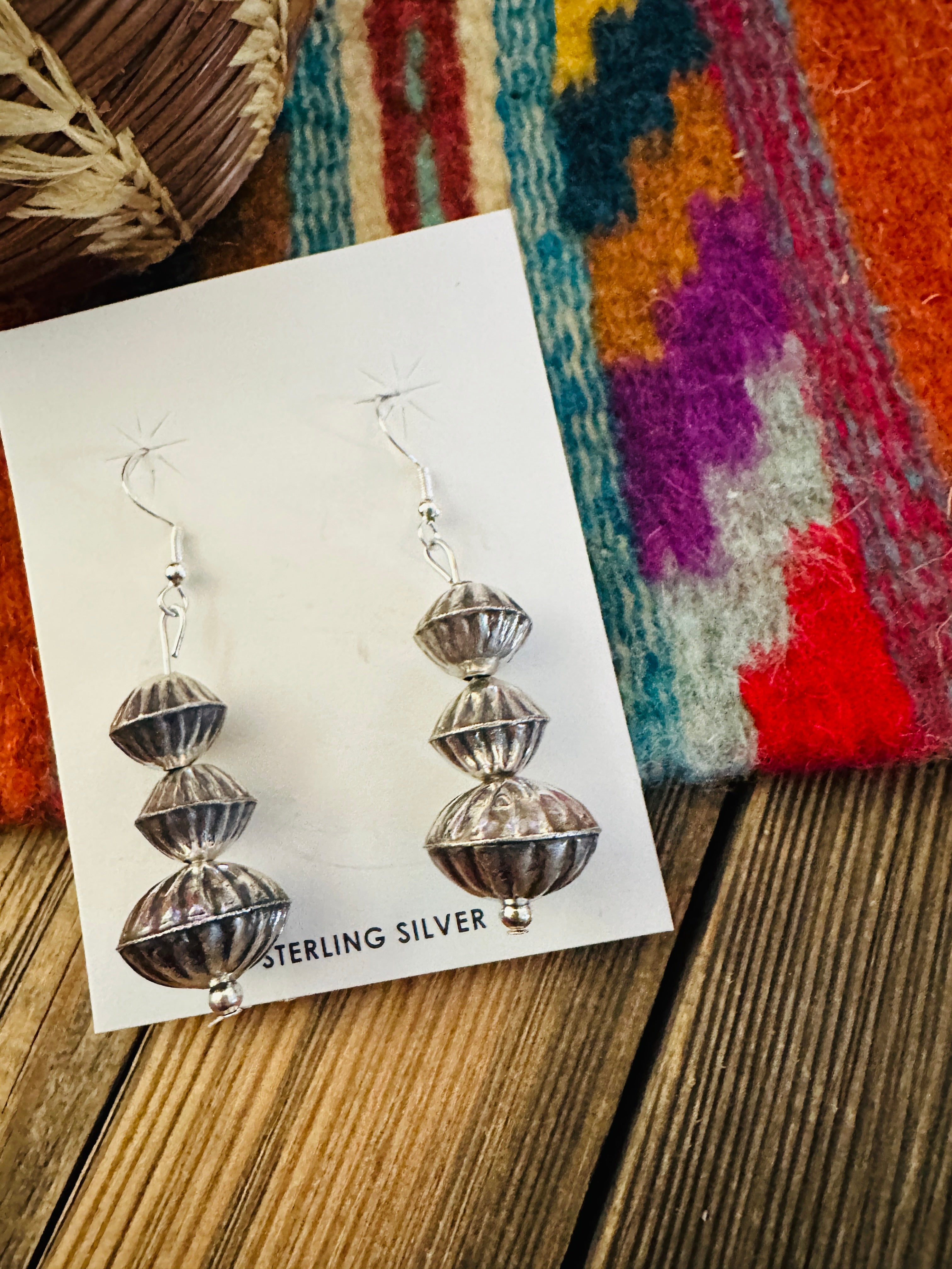 Hand Stamped Sterling Silver Beaded Dangle Earrings
